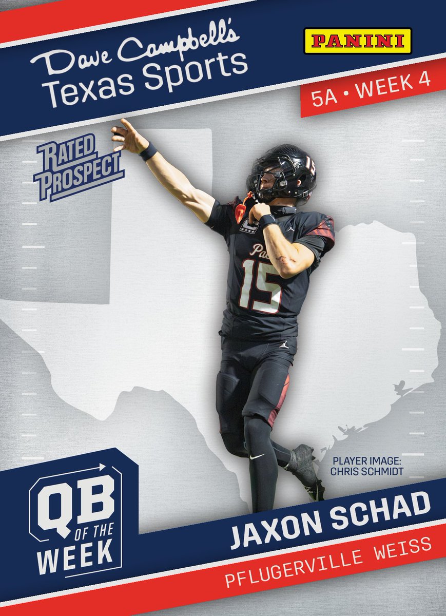dctf's tweet photo. Our 5A QB of the week is Jaxon Schad of Pflugerville Weiss

🏈 @JaxonSchad15 
📍 @WeissFootball https://t.co/A3Sjo96dsZ