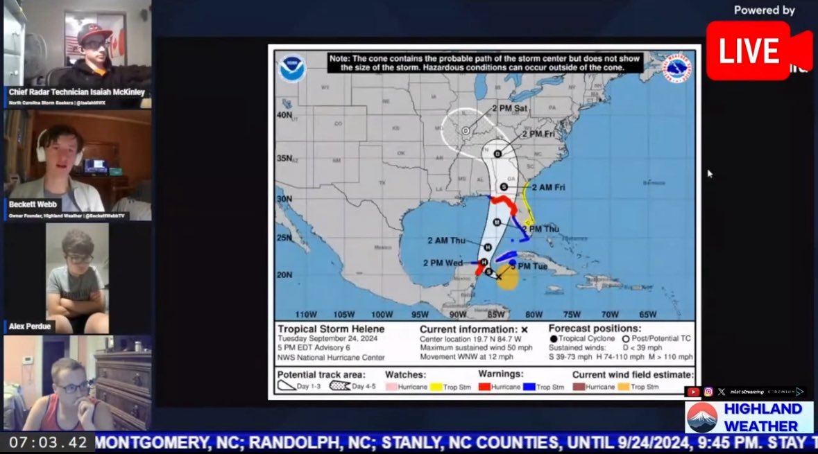 HighlandWX's tweet photo. 2 YEARS AGO: Highland #Weather made its first live broadcast on #Hurricane #Helene, marking out its forecast track, analyzing #models, and mentioning how bad this storm could get. Here are a few screenshots from that #broadcast. You can watch it FULL here: https://t.co/Xd3KzWSgmV https://t.co/QBeHJDvT63