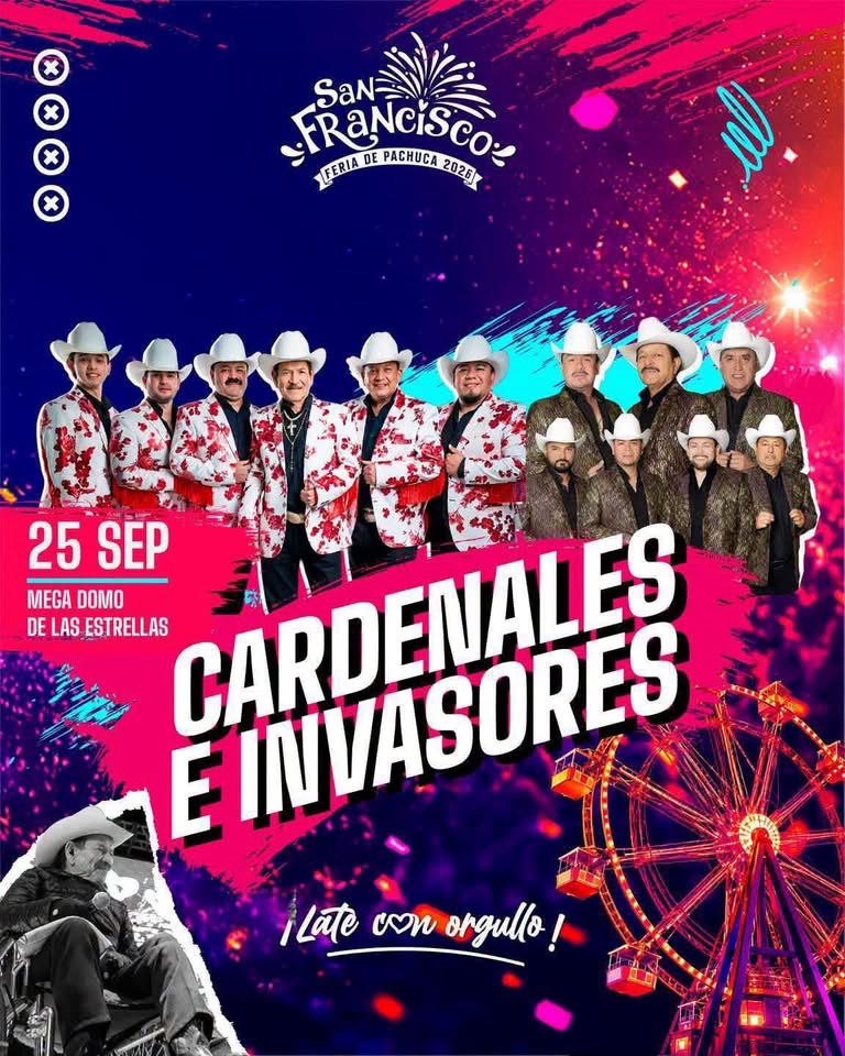Transversal_hgo's tweet photo. 🎡🎶 ¡Hoy! No te pierdas la presentación de Los Cardenales de Nuevo León e Innvasores en el Mega Domo de las Estrellas de la Feria De San Francisco Pachuca Hidalgo

🔗 https://t.co/k6iT1ygxHc

#Hidalgo #Pachuca #FSFP2026 #LateConOrgullo #EnTransversal 👈🏼 https://t.co/4F9UIevBkM