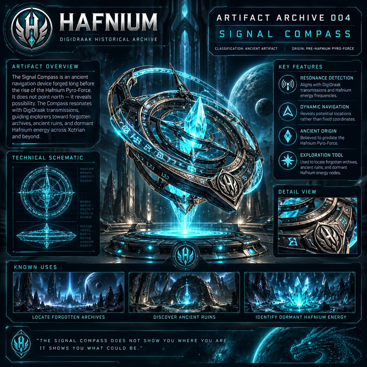 HAFonKaspa's tweet photo. Artifact Archive 004 // Signal Compass
Forged long before the Hafnium Pyro-Force, the Signal Compass doesn't point north—it resonates with DigiDraak transmissions, guiding explorers toward forgotten archives, ancient ruins, and dormant Hafnium energy across Xotrian. #HAFN #Kaspa https://t.co/yDvaa9OoQr