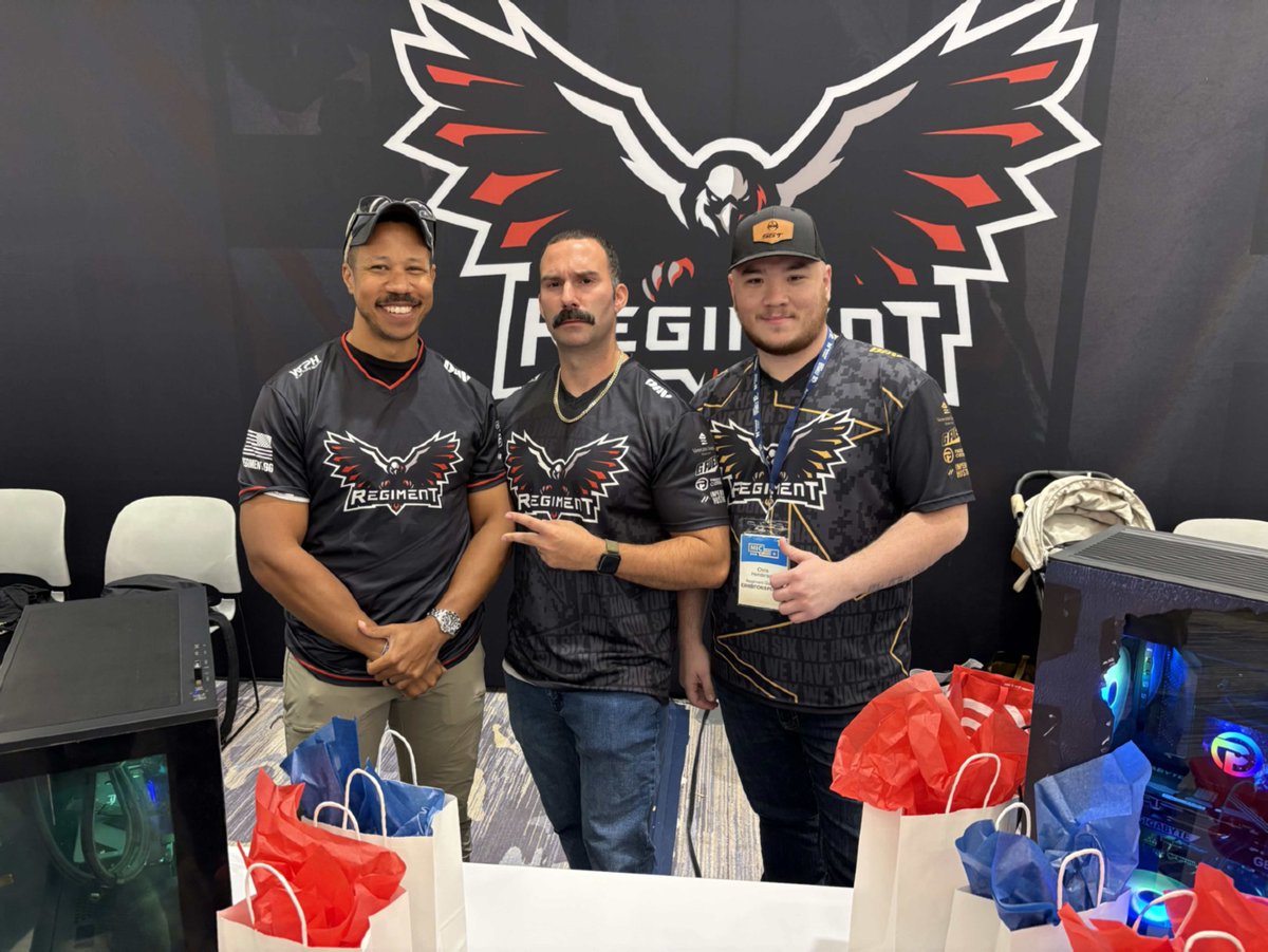 RegimentGG's tweet photo. A few legends of the game, literally and figuratively. 🦅

@blazmango, @MPX_Player and @kingpixmedia spent time at the REGIMENT booth today with anybody who wanted it. 

Grateful for these cornerstones of the community.

One more day at MIC. Come find us! https://t.co/iWZP1TKE9T