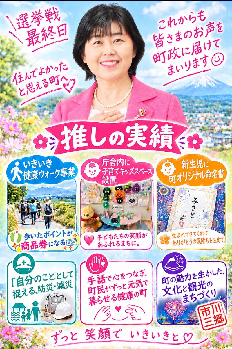 misa_ichikawa's tweet photo. 選挙戦最終日！

市川三郷町の皆さまへ✨
大切な1票を
『斉藤みさ』に託してください。

どうかどうか
よろしくお願い申し上げます🙏

#市川三郷町
#斉藤みさ
#選挙戦最終日 https://t.co/r7bchTBkez