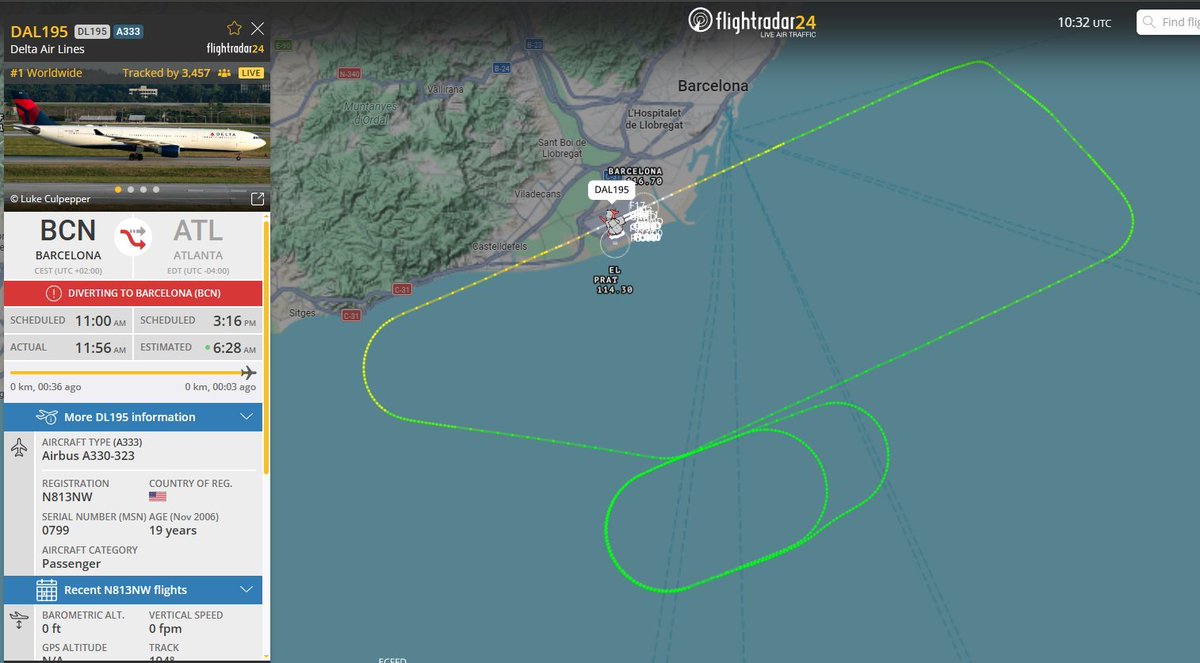 ivancp25's tweet photo. #IncidenteAéreo de #Airbus #A330 de #UnitedAirlines (N813NW) vuelo #DL195. Fallo de motor izquierdo en despegue por pista 24R Aeropuerto #Barcelona (LEBL) #Cataluña #España 🇪🇸. Destino Atlanta, detuvo ascenso, realizó esperas y tomó con seguridad por la 24R. Sin heridos. 25-09-26 https://t.co/XbIKXDHZ4M