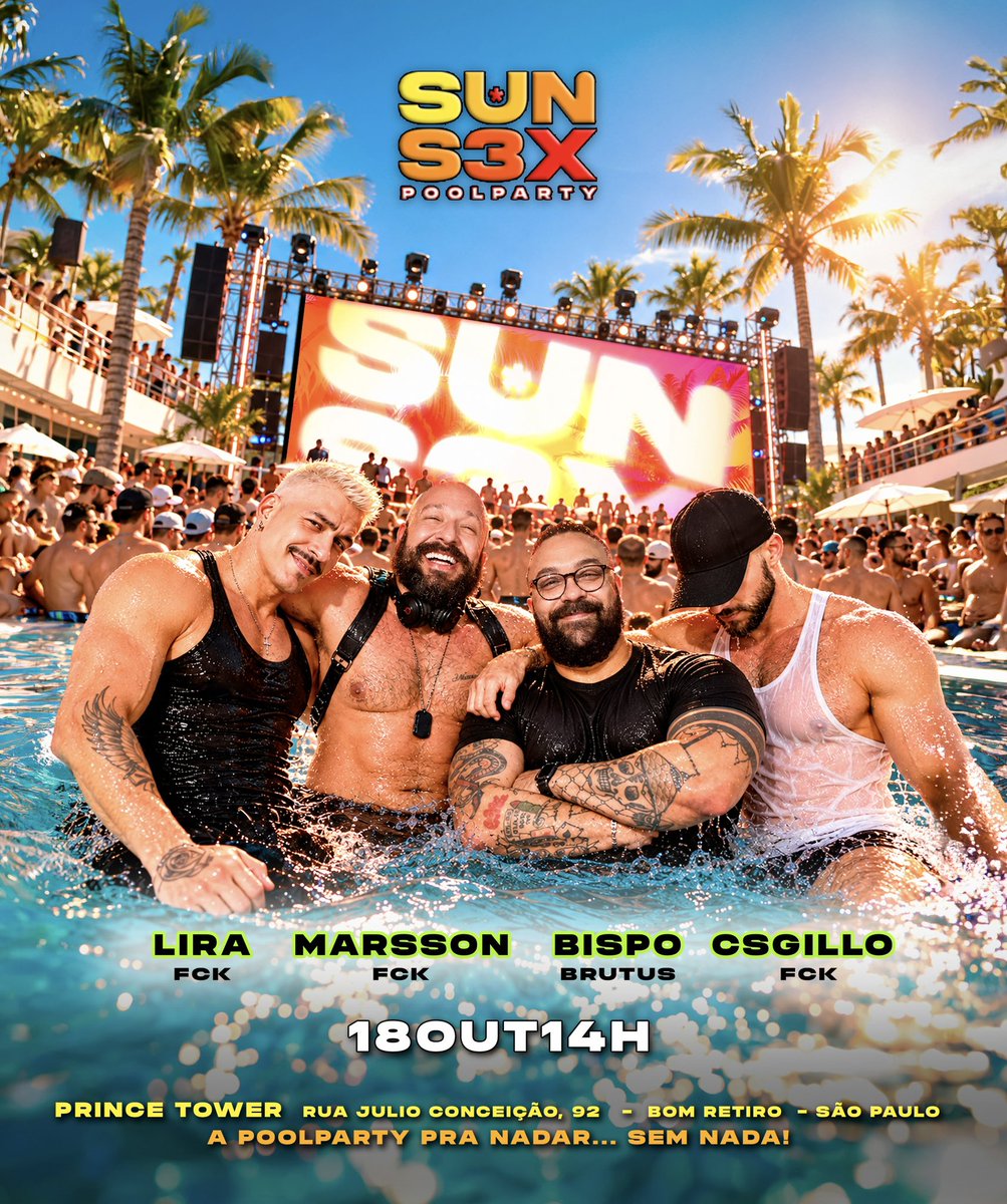 fckpartybr's tweet photo. Se você gosta de nadar “sem nada” e bronzear sem marcas, a *SunSex Pool Party* é pra você!

😎 *Dom - 18.out - 14h*
👉🏻 https://t.co/Effz4jKS48

Não sabe nadar? Não se preocupe: nosso elenco tem vários *“salva-vidas”* preparados até pra fazer um “boca a boca”, um “coisa na boca”:

E tem a *SunSexMusic* dos djs:

*Lira*
*Bispo (Brutus)*
*Gustavo Marsson*
*Csgillo*

⛱️☀️😎🍆💦
*Cum to SunSex!*

*Dom. 18.out*
*14 às 21h*

Prince Tower 
Rua Julio Conceição, 92
Bom Retiro - SP

*Ingressos Limitados:*
👉🏻https://t.co/Effz4jKS48

*Garanta o seu!*