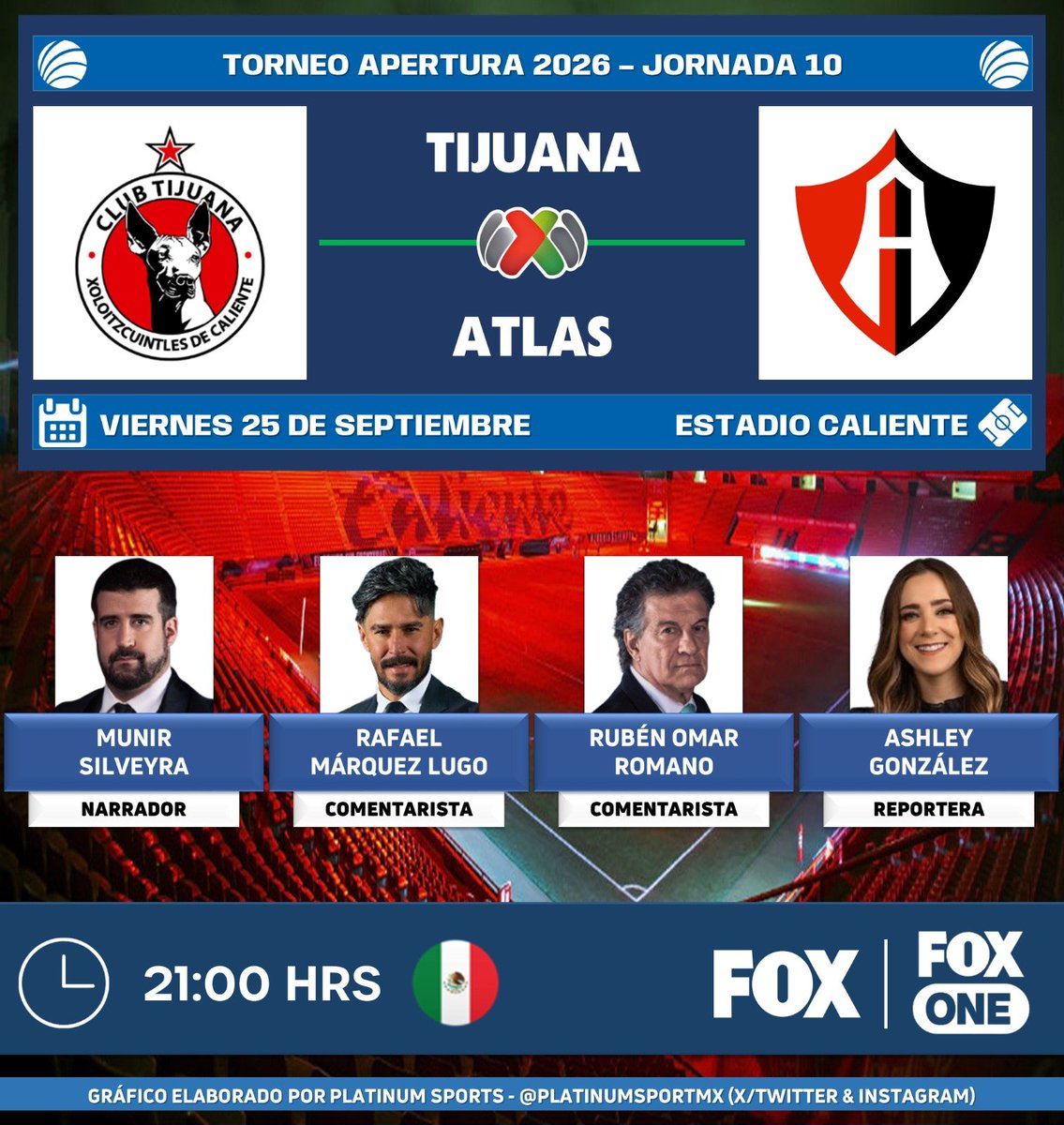 PlatinumSportMX's tweet photo. ⚽️ #LigaBBVAMX 🇲🇽 | #Tijuana vs. #Atlas 
🇲🇽📺 @somos_FOX
🇲🇽📱💻 #FOXOne  
🎙️ @107munir 
🎙️ @RafaMLOficial 
🎙️ @RubenRomanoDT 
🎙️📝 @ashleygme 

#LigaMXenFOX https://t.co/IW0kE0OIFs