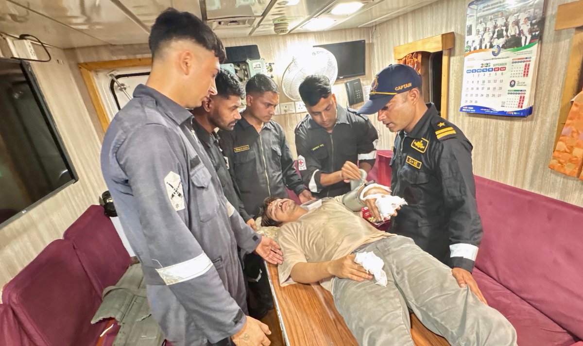 AN_Command's tweet photo. Maritime Medical Evacuation | Rough Seas, Swift Response

On receipt of information from #MRCC #SriVijayaPuram, #CGRHQ(A&N), under the aegis of #ANC, swiftly coordinated a challenging night-time #MedicalEvacuation during the intervening night of 24–25 Sep 26, involving a 32-year-old #Myanmar national onboard a merchant vessel off #CampbellBay, who sustained severe hand injuries following an accident onboard.

Despite rough seas and darkness, an Indian Coast Guard ship safely reached the merchant vessel, embarked the injured crew member and brought him to #CampbellBay Harbour. The casualty was subsequently handed over to the local agent and shifted to the Primary Health Centre, Campbell Bay, for further medical care.

The swift and coordinated response reaffirmed #ANC’s commitment to #MaritimeSafety and #SavingLivesAtSea.

#MEDEVAC #ANC #IndianCoastGuard 
#HADR #HumanitarianAssistance