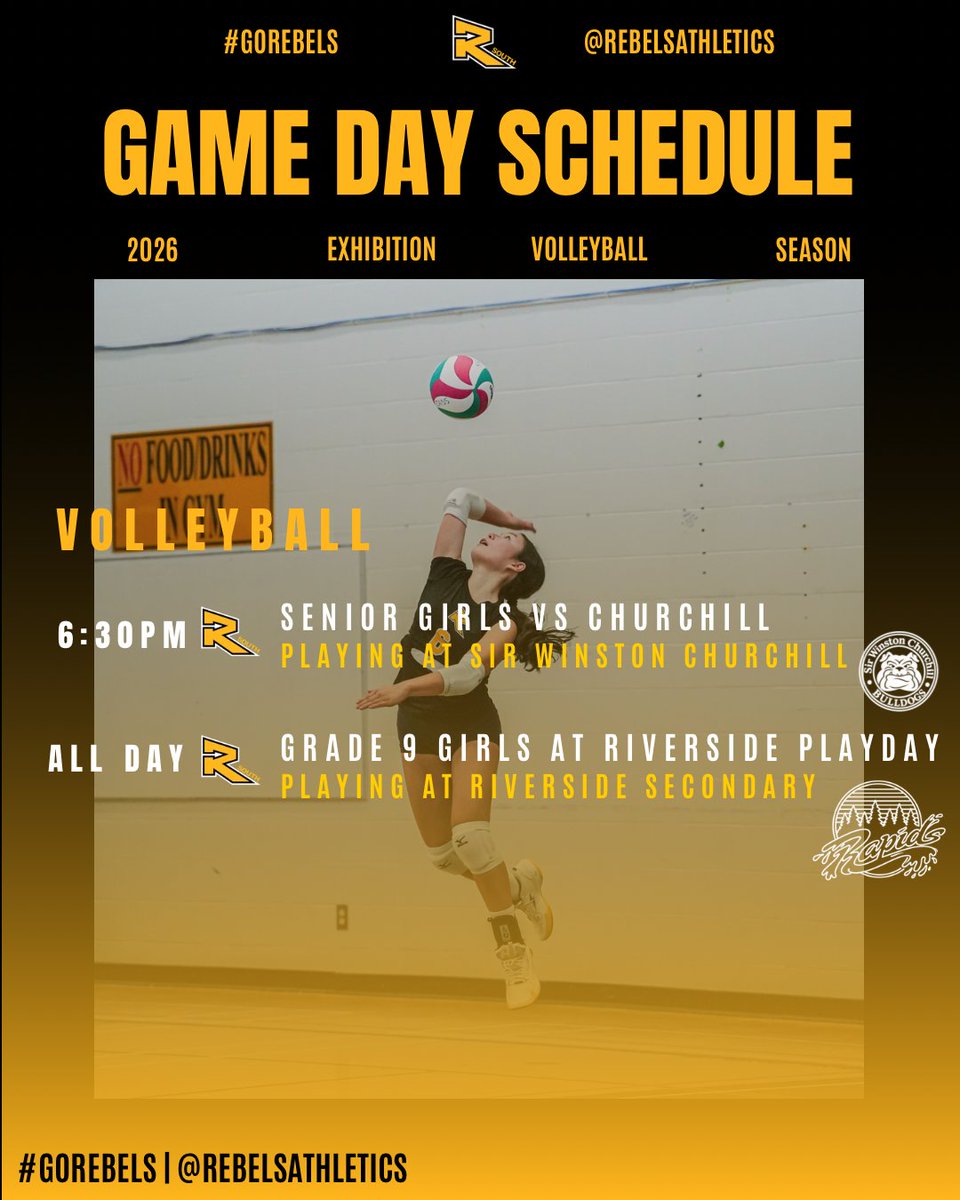 RebelsAthletics's tweet photo. Our Senior and Grade 9 Girls #Volleyball teams are playing today in playdays and exhibition games!

📍@ChurchillSD39 
6:30 - Senior Girls 

📍@RiversideRapids 
All Day - Grade 9 Girls 

#GoRebels🖤💛🏐 https://t.co/xTW8dCuDDV