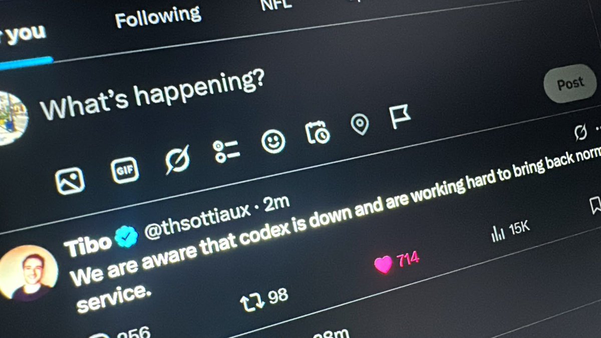 Mo_Oumha's tweet photo. Codex is down 😅

So… what am I going to do now?

I guess it’s time to do something I’ve been postponing for way too long:
👨‍👩‍👧 Spend some time with my family.
📞 Call some friends
☕️ Have an actual conversation
🌱 There’s a world outside my laptop.

See you when Codex is back 😄 https://t.co/dMVUXGlWxD