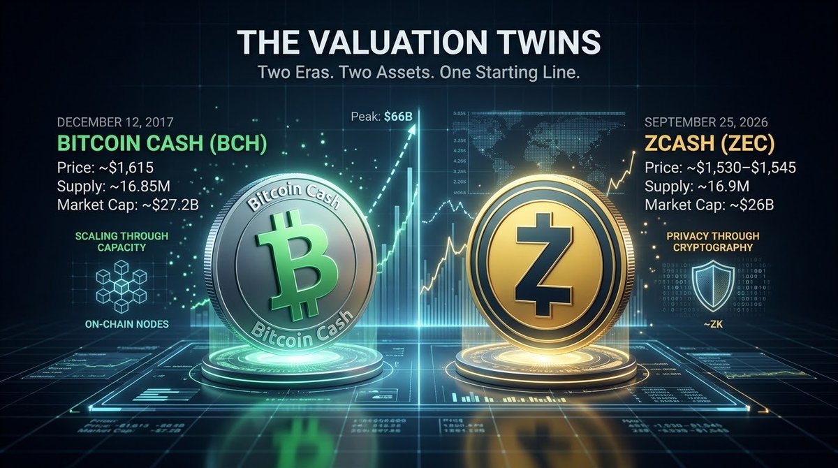 inthepixels's tweet photo. Zcash Has Arrived at Bitcoin Cash’s December 2017 Valuation

An unusually clean historical comparison sits inside Zcash’s 2026 rally: Zcash today occupies almost the exact valuation Bitcoin Cash held immediately before the final, explosive phase of its 2017 run.

On December 12, 2017, Bitcoin Cash ( $BCH ) traded near $1,615 with 16.85 million coins circulating, giving it a market capitalization of roughly $27.2 billion. On September 25, 2026, Zcash ( $ZEC ) trades around $1,530–$1,545 with roughly 16.9 million coins circulating—a market cap of approximately $26 billion.

Both assets share Bitcoin’s $BTC  monetary architecture: proof of work, a 21-million-coin cap, and, at these two junctures, virtually identical circulating supplies. The price parity is not a low-float illusion; it is an authentic match in valuation.

What happened next to Bitcoin Cash offers a compelling historical benchmark. Just eight days later, on December 20, 2017, BCH reached roughly $3,923 per coin and a $66.2 billion market cap—roughly 2.5 times Zcash’s current valuation. Because their coin supplies match so neatly, the math translates directly: $66.2 billion for Zcash would yield a coin price of approximately $3,900 on October 4th.

The more significant question, however, is not whether ZEC can match that number, but what the market was buying in each case.
Two Divergent Solutions to Bitcoin
Bitcoin Cash grew out of crypto's early scaling debates. Its answer was simple: enlarge blocks, process more transactions on-chain, and preserve Bitcoin’s role as peer-to-peer cash through brute throughput. For a brief window, markets rewarded that thesis, propelling BCH to the third-largest cryptocurrency.

Eventually, the market looked elsewhere. The broader ecosystem prioritized off-chain scaling layers over block-size expansion. While BCH survived, it never challenged Bitcoin’s monetary dominance and now trades at a fraction of its 2017 peak.

Zcash addresses an entirely different limitation: base-layer privacy.

Scaling can be offloaded to secondary layers, but privacy requires fundamental architectural choices. Bitcoin’s public ledger deliberately exposes its transaction graph, enabling surveillance firms and governments to link pseudonymous addresses to real-world identities.

 Zcash alters this premise entirely.

Using zero-knowledge proofs, shielded transactions confirm validity without revealing sender, recipient, or balance.

Bitcoin solved how distrustful actors reach consensus on an open financial ledger; Zcash solves how they reach consensus on a ledger they are not permitted to see.

The Inversion

This historical parallel highlights a telling shift in market appetite. In 2017, investors assigned tens of billions to the idea of a high-throughput Bitcoin fork. In 2026, capital is instead underwriting digital scarcity married to cryptographic privacy. Zcash now commands roughly four times the market capitalization of Bitcoin Cash.
Markets are not philosophical arbiters, and price runs do not validate long-term architecture; speculation shapes 2026 just as it shaped 2017. Nothing guarantees Zcash will hit BCH's peak, nor that it will follow BCH's subsequent path.

Yet the core observation remains striking: a Bitcoin-derived asset with ~16.9 million coins has reached $66 billion before. BCH tried to solve space; Zcash is trying to solve visibility. And Zcash now sits exactly where Bitcoin Cash's final run began.