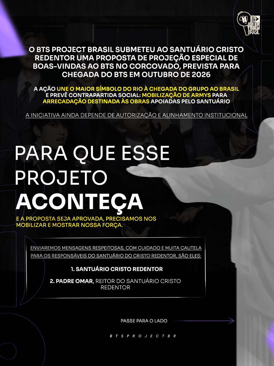 BARMYSTREAM's tweet photo. BTS NO CRISTO REDENTOR

Pedimos que as autoridades responsáveis pelo monumento ouçam um pedido coletivo, cultural e de boas-vindas. 

O pedido já está nas mãos da secretaria do Cristo, agora precisamos mostrar o quanto queremos esse projeto e o impacto do ARMY no Brasil.

ATENÇÃO ARMY DO X, precisamos de vocês no INSTAGRAM mobilizando os responsáveis por lá também, pois os responsáveis pelo Santuário não possuem contas oficiais aqui no X.

1.  Compartilhe este post e os banners, enviando para os responsáveis do Santuário

Link do post NO INSTAGRAM:

2.  Use a tag #BTSNoCristoRedentor

3.  Marque as contas responsáveis pelo Cristo lá no Instagram!

@/cristoredentoroficial
@/peomaroficial