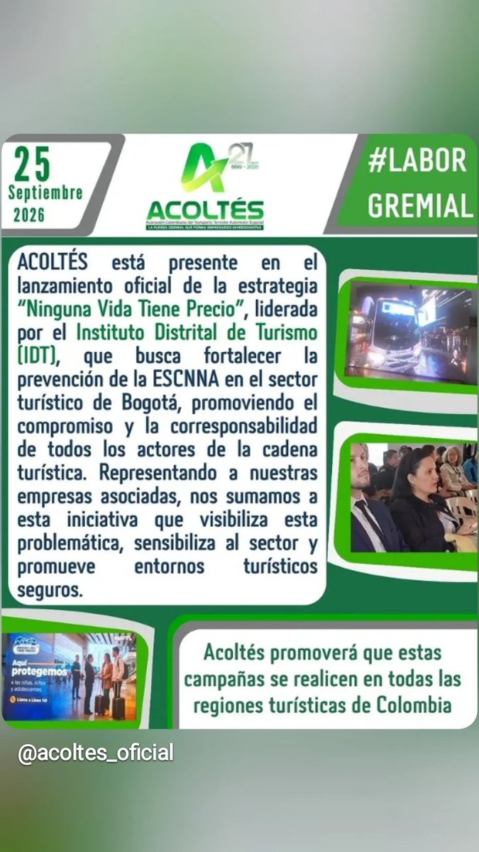 Acoltes's tweet photo. ACOLTÉS está presente en el lanzamiento oficial de la estrategia “Ninguna Vida Tiene Precio”, liderada por el Instituto Distrital de Turismo (IDT), que busca fortalecer la prevención de la ESCNNA en el sector turístico de Bogotá.
#transporteespecial
#idt https://t.co/tvDjKBs7V7