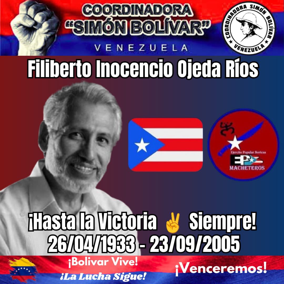 AlSondel23_'s tweet photo. A 21 años de su asesinato por el FBI, honramos al Comandante Filiberto Ojeda Ríos, líder de los Macheteros. Su rebeldía antiimperialista vive en la lucha por un Puerto Rico libre.
¡Filiberto vive, la lucha sigue! 🇵🇷✊🇻🇪
#FilibertoVive #PuertoRicoLibre https://t.co/btob919lVa