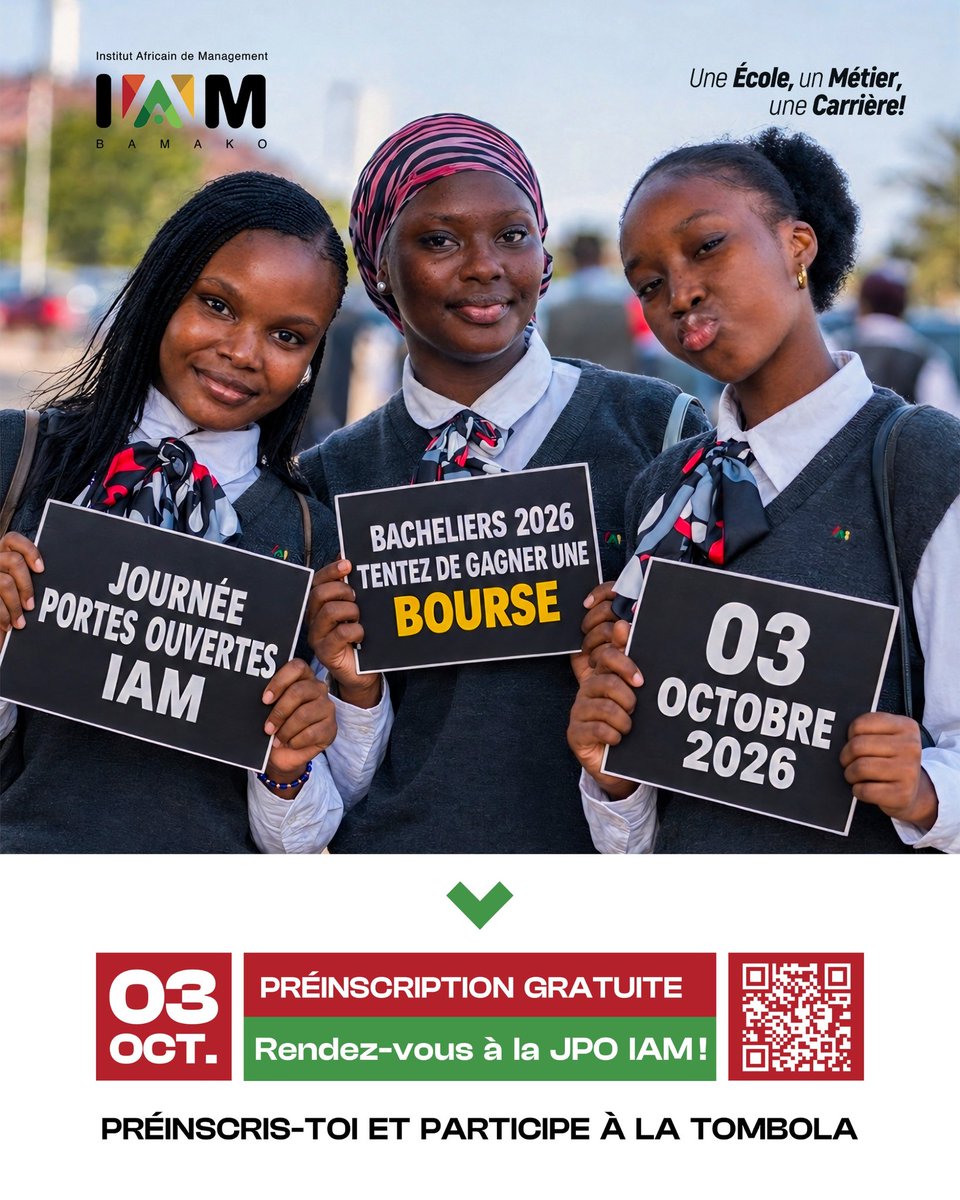 iam_bamako's tweet photo. 🎓 Bacheliers 2026, votre JPO peut aussi vous ouvrir les portes d’une bourse !
À cette occasion , tentez votre chance à la tombola et gagnez une bourse d’études.
📅 03 octobre 2026
🎟️ Préinscription gratuite
🔗 https://t.co/3JX1ozisOZ
#IAMBamako #JPOIAM #Bacheliers2026 #Bourse https://t.co/F8rfonAydW