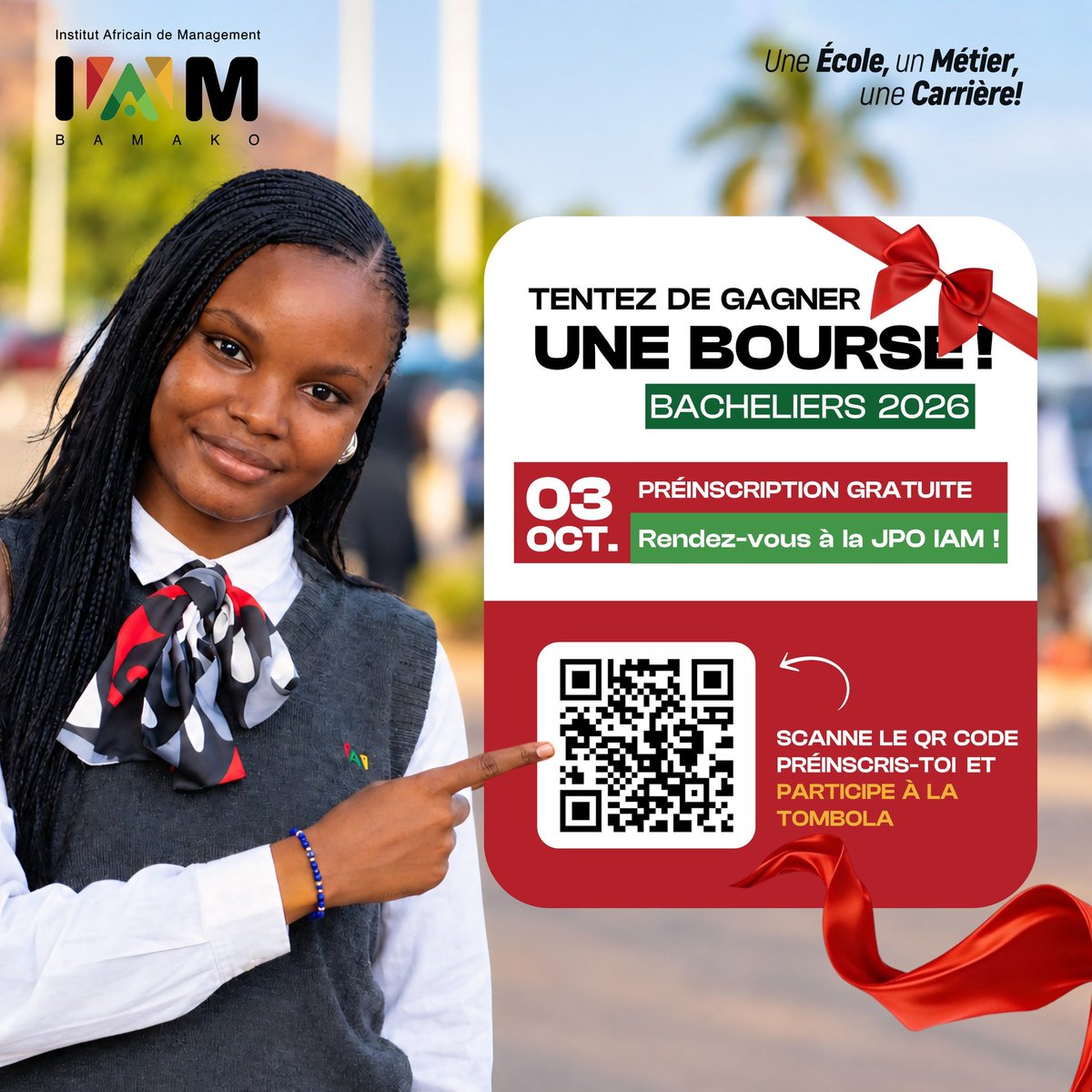 iam_bamako's tweet photo. 🎓 Bacheliers 2026, votre JPO peut aussi vous ouvrir les portes d’une bourse !
À cette occasion , tentez votre chance à la tombola et gagnez une bourse d’études.
📅 03 octobre 2026
🎟️ Préinscription gratuite
🔗 https://t.co/3JX1ozisOZ
#IAMBamako #JPOIAM #Bacheliers2026 #Bourse https://t.co/F8rfonAydW
