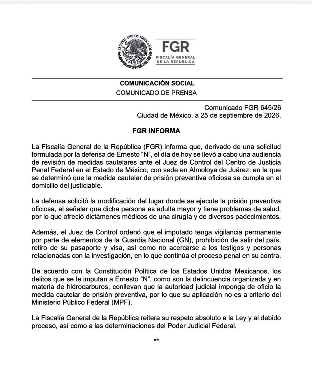 acostanaranjo's tweet photo. La Fiscalía General de la República se allana a la decisión del poder judicial que permite a Ernesto Ruffo lleve su juicio desde su domicilio en Ensenada y manifiesta respeto a las decisiones que toma en el ámbito de su competencia. 

Un paso muy importante, mucho. https://t.co/Aac5Y17kJG