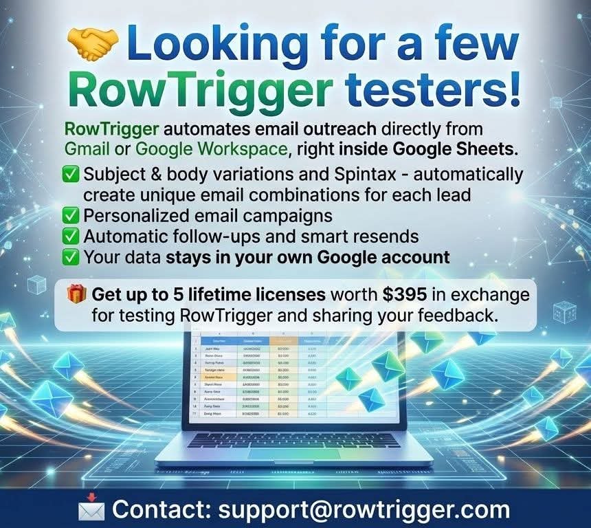 RowTrigger's tweet photo. 🤝 Looking for a few RowTrigger testers!

RowTrigger automates email outreach directly from Gmail or Google Workspace, right inside Google Sheets.

#emailautomation #googlesheets #gmail #googleworkspace #trending #viral https://t.co/DK55d4wwVd