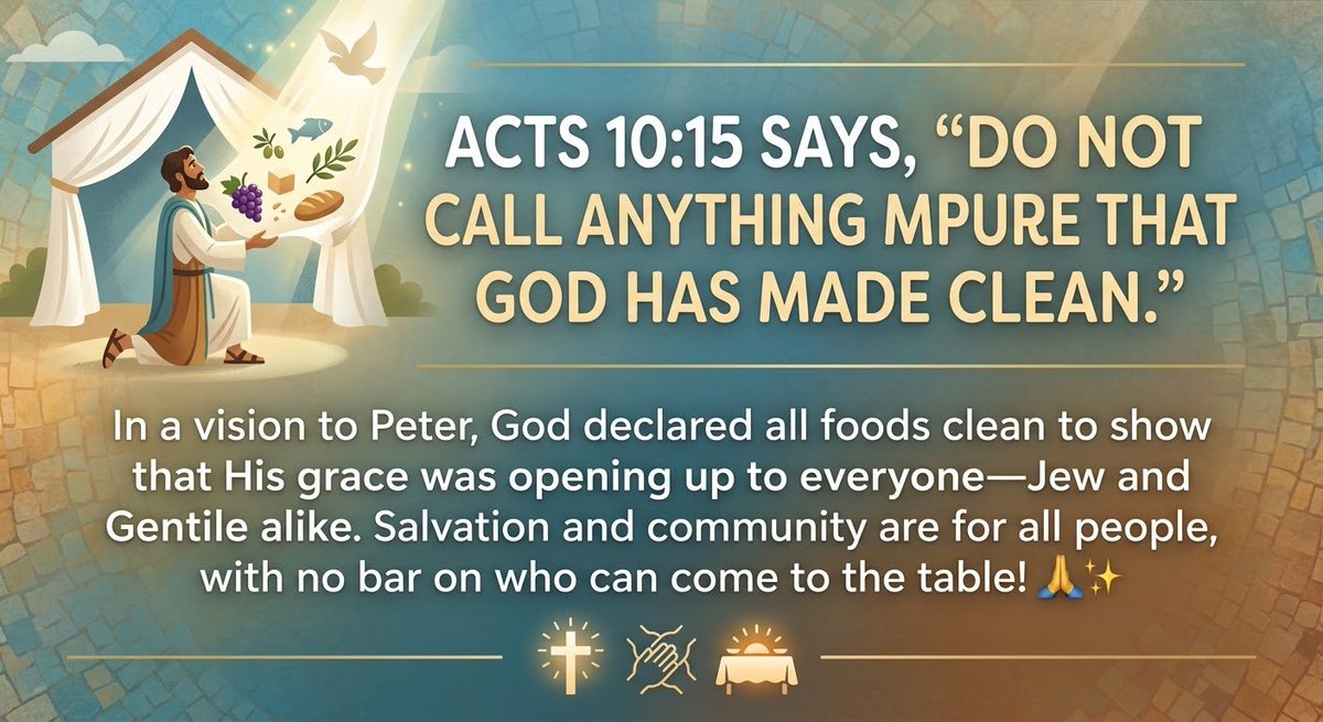 EHadoptedSoG's tweet photo. @Boss_Aleeyu Acts 10:15 says, "Do not call anything impure that God has made clean."
​🙏✨
​#Acts10 #Faith #Grace #AllAreWelcome https://t.co/8BjoTJELpD