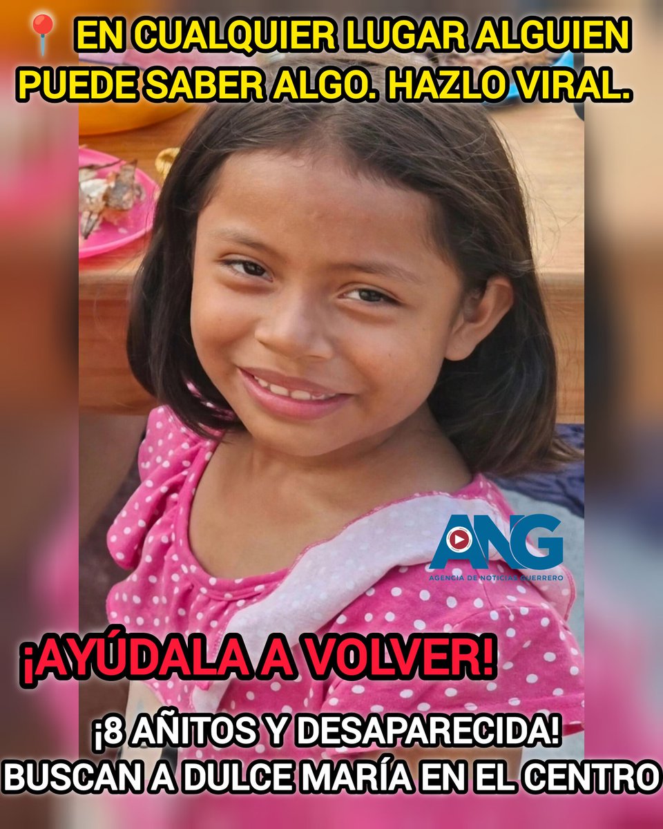 ANoticiasGro's tweet photo. 📍 En cualquier lugar alguien puede saber algo. Hazlo viral.

🚨¡AYÚDALA A VOLVER!🙏🏻

¡8 AÑITOS Y DESAPARECIDA! BUSCAN A DULCE MARÍA EN EL CENTRO 
https://t.co/BI8N409Jpq https://t.co/YLGBi0Mb0t