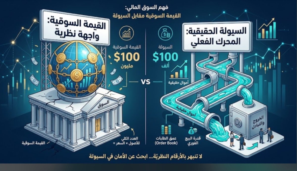 Shosha36602's tweet photo. هل تعتقد أن "القيمة السوقية" المرتفعة تحميك من الخسارة؟
هنا يقع واحد من أكبر الفخاخ في عالم التداول والاستثمار. 
أن ترى مشروعاً أو عملاً أو سهماً بقيمة سوقية بمليارات الدولارات، لا يعني بالضرورة أنك قادر على بيع أصلك في أي وقت بالسعر الذي تراه على الشاشة!
هناك فرق جوهري بين:
Market Market Cap | القيمة السوقية
هي مجرد معادلة حسابية: (عدد السندات أو التوكينات الكلي × السعر الحالي). رقم نظري على الورق يعبر عن تقييم المشروع، لكنه لا يعني وجود هذه الأموال فعلياً في السوق.
 Liquidity | السيولة الحقيقية
هي حجم الأموال الفعلية الجاهزة للتداول في عمق الطلبات (Order Book) أو أسطول السيولة (Liquidity Pools). هي قدرتك على تحويل أصلك إلى كاش فوراً وبدون أن تهوي بالسعر.
وهنا يحدث الالتباس الكبير:
مشروع يملك Market Cap بقيمة 100 مليون $
⬇️
لكن السيولة المتاحة للبيع والشراء لا تتجاوز 100 ألف $!
ماذا يعني ذلك؟
❌ ارتفاع القيمة السوقية لا يعني سهولة الخروج
❌ السعر المرتفع قد ينهار بصفقة بيع واحدة كبيرة (Slippage)
❌ الأرقام على الشاشة ليست دائماً أموالاً جاهزة للسحب
ببساطة:
القيمة السوقية مجرد واجهة... والسيولة هي المحرك الحقيقي.
وهذا الفرق هو ما يفصل بين من يتداول بناءً على المظاهر، ومن يفهم عمق السوق وآلياته.
 لذلك قبل أن تنبهر بأي مشروع أو تفتح أي صفقة، لا تسأل فقط:
"كم تبلغ القيمة السوقية للمشروع؟"
اسأل أولاً:
"كم تبلغ السيولة الحقيقية المتاحة؟ وهل أستطيع الخروج بأمان وقت الأزمات؟"
فهمك لعمق السيولة هو درعك الحقيقي ضد الانهيارات المفاجئة.
 المحتوى لغرض التعليم والتوعية المالية فقط، وليس نصيحة استثمارية. احرص دائماً على دراسة عمق السوق وقراءة القوائم قبل اتخاذ أي قرار
تابعني #shosha

#Crypto #Trading #Web3