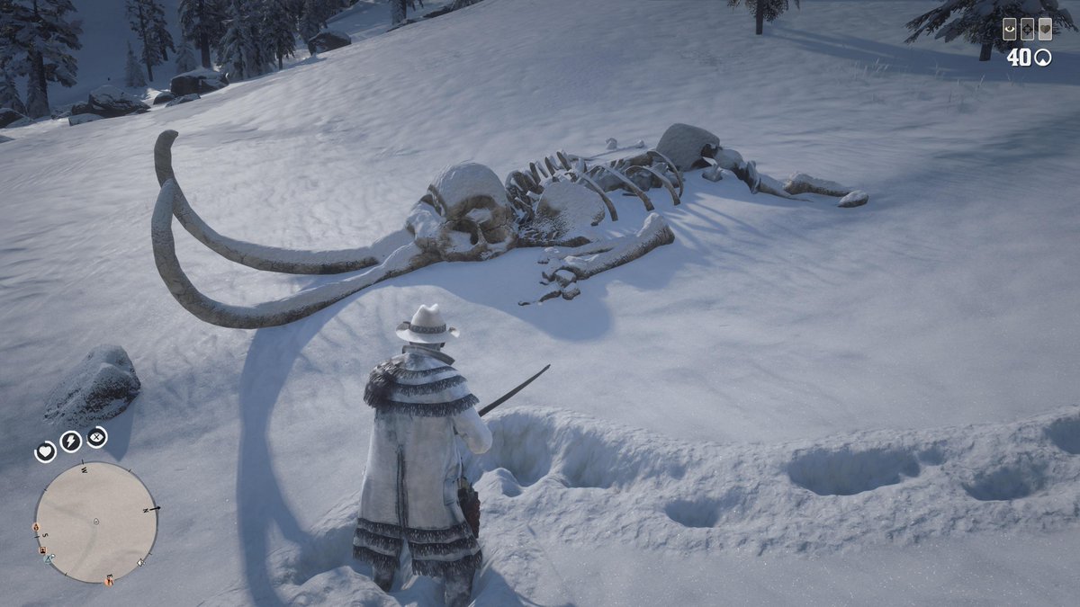 SynthPotato's tweet photo. Sharing one cool Rockstar game detail every day until GTA 6 releases: 54 days left.

In Red Dead Redemption 2, Up in the Grizzlies, Arthur can come across the skeletal remains of a Mammoth. Upon inspection, he will draw it in his journal and write "Was this a mammoth?" https://t.co/QAvMFB1O14