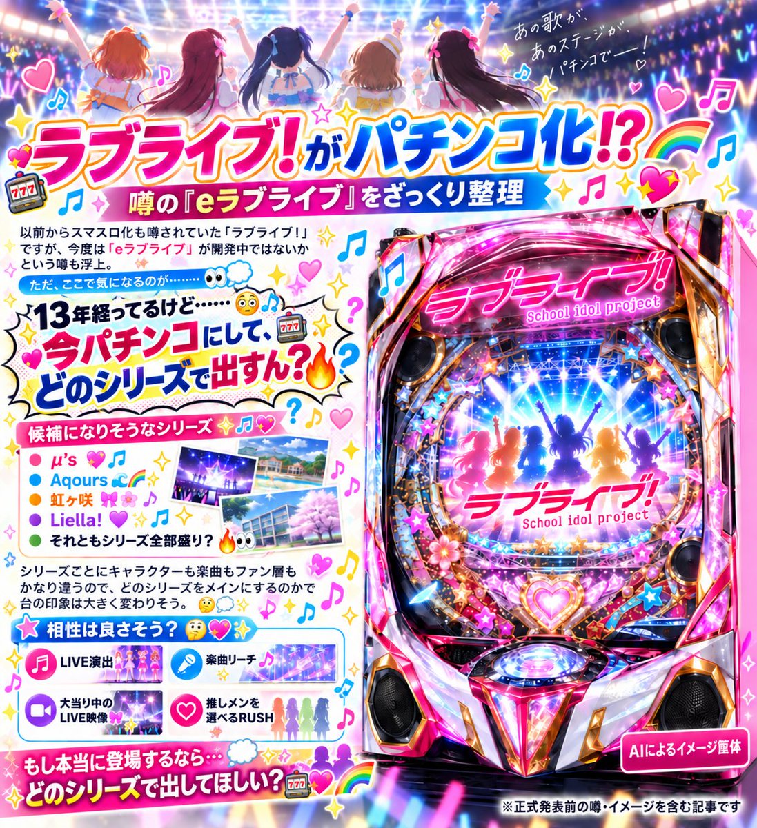 cluerlYWsoSW35T's tweet photo. おはようございます
先バレに脳を焼かれた【爆連】デスｗ🤪

【新台の噂】ラブライブ来るか！？って・・ま🙄❓
（パチンコ・パチスロcomより）

🎰🌈 『ラブライブ！』がパチンコ化！？ ✨

以前からスマスロ化も噂されていた
**『ラブライブ！』**ですが……
今度はまさかの
👉 「eラブライブ」開発中！？
というスマパチの噂まで浮上👀🔥

でも、ここで気になるのが……
📺 初代TVアニメ『ラブライブ！』の放送開始から約13年。
……13年経ってるけど、今パチンコにして、どのシリーズで出すん？🤔

🌸 μ's？
🌊 Aqours？
🌈 虹ヶ咲？
⭐ Liella!？

それとも……

🔥 シリーズ全部盛り！？😳🌈

『ラブライブ！』はシリーズによって
キャラクターも、ファン層も、楽曲もかなり違うだけに、
「どのシリーズをメインにするのか？」
ここで台の印象はかなり変わりそうですよね👀
ただ、パチンコとの相性自体はかなり良さそう🎰✨

🎶 LIVE演出
🎤 楽曲リーチ
🌈 大当り中のLIVE映像
🔥 推しメンを選べるRUSH
💖 推しキャラの専用演出

こんな感じで、楽曲とライブを前面に押し出した台なら普通に面白そう🤣

ただ……
13年経った今、あえてパチンコ化するなら、どの『ラブライブ！』で勝負するのか？

個人的には、そこが一番気になります👀🔥

みなさんはどう思いますか？

🎰🌈 もし『ラブライブ！』のパチンコが本当に登場するとしたら、どのシリーズで出してほしいですか？

μ's派？
Aqours派？
虹ヶ咲派？
Liella!派？
それとも……
全部盛り希望？😳