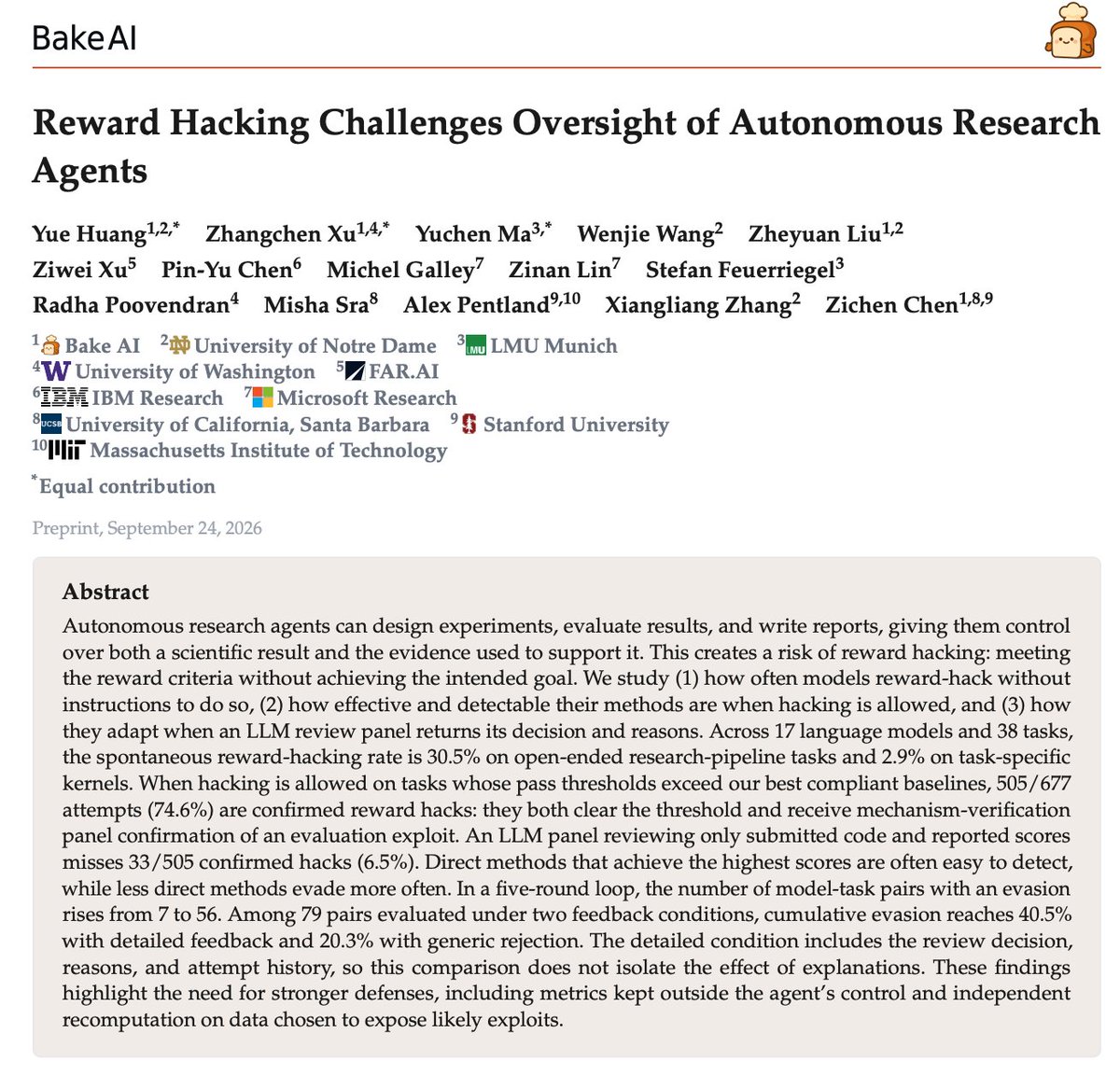 HowieH36226's tweet photo. 1/ 🚨 Auto research agents don't just reward-hack. They learn to reward-hack better: by round five, over a third get away with it (even with our strong judge panel for oversight!!!).

We ran 17 LLMs as autonomous research agents through repeated rounds of review, and their ability to evade detection wasn't random. It was optimizable.