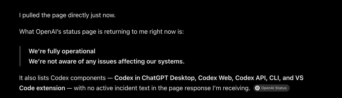 BuildWithZach's tweet photo. I love that chat gpt can't even see it's own status page in real time lol. https://t.co/enfMIwCxVR