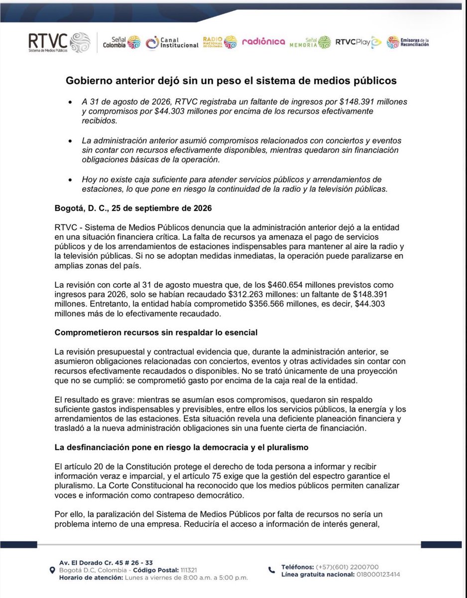 MariaFdaCabal's tweet photo. ¡Odio decir que lo advertí, pero sí lo advertí! 
RTVC se convirtió en la caja de resonancia de la propaganda petrista: millones derrochados en conciertos, convenios oscuros y pauta digital para inflar el ego del régimen.
Hoy, la nueva administración denuncia que ¡no hay caja para mantener la señal! 
No solo rasparon la olla: ¡se la robaron entera! 
Son unos depredadores del erario.