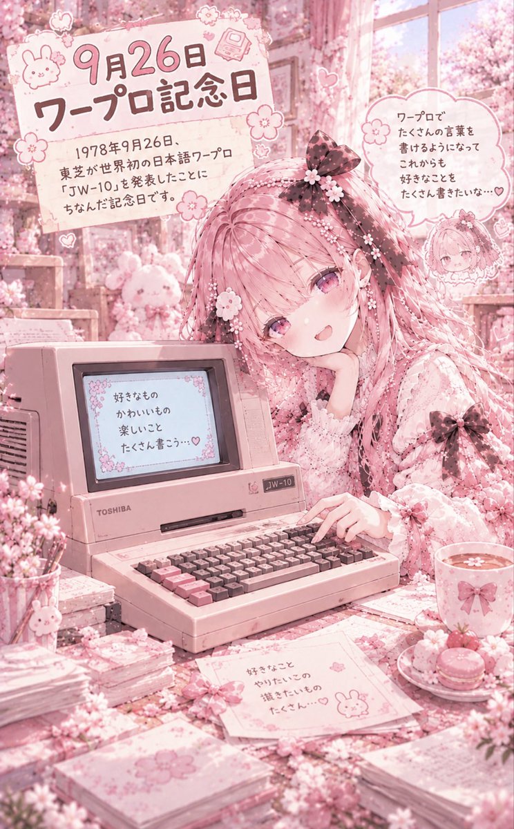 Momonno87's tweet photo. おはようございます!
今日は「ワープロ記念日」

「ワープロ」って「ワードプロセッサ」
の略らしいです☺️
文章を書くための専用機械が発表された日なんだって!

 #AIイラスト
 #AIイラスト好きさんと繫がりたい https://t.co/getBXpDwlL