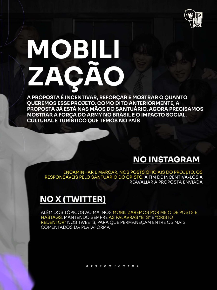 BANGTANHIIT's tweet photo. [🇧🇷] - BTS NO CRISTO REDENTOR

Pedimos que as autoridades responsáveis pelo monumento ouçam um pedido coletivo, cultural e de boas-vindas. 

O pedido já está nas mãos da secretaria do Cristo, agora precisamos mostrar o quanto queremos esse projeto e o impacto do ARMY no Brasil. + https://t.co/4R9gvmCSKu