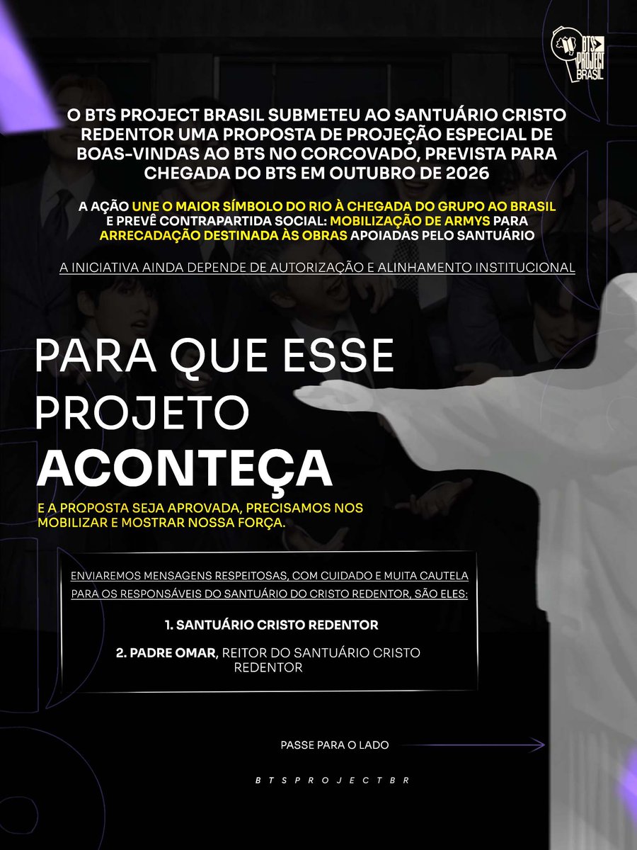 BANGTANHIIT's tweet photo. [🇧🇷] - BTS NO CRISTO REDENTOR

Pedimos que as autoridades responsáveis pelo monumento ouçam um pedido coletivo, cultural e de boas-vindas. 

O pedido já está nas mãos da secretaria do Cristo, agora precisamos mostrar o quanto queremos esse projeto e o impacto do ARMY no Brasil. + https://t.co/4R9gvmCSKu