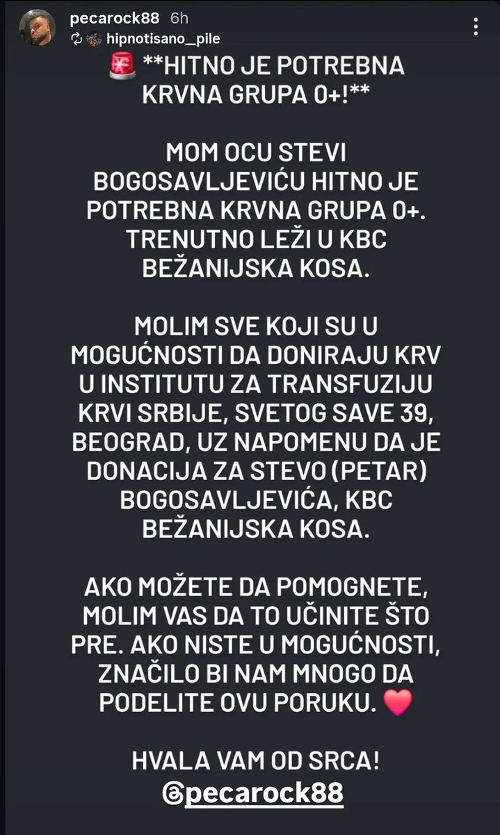 sashkayanx's tweet photo. ljudovi, BG --->  hitno potrebna  krvna grupa 0+ 🩸 delite ili ko može neka ode da da krv 🙏🏻
tata naših kolega 👇🏼 https://t.co/yajEWlWO4L