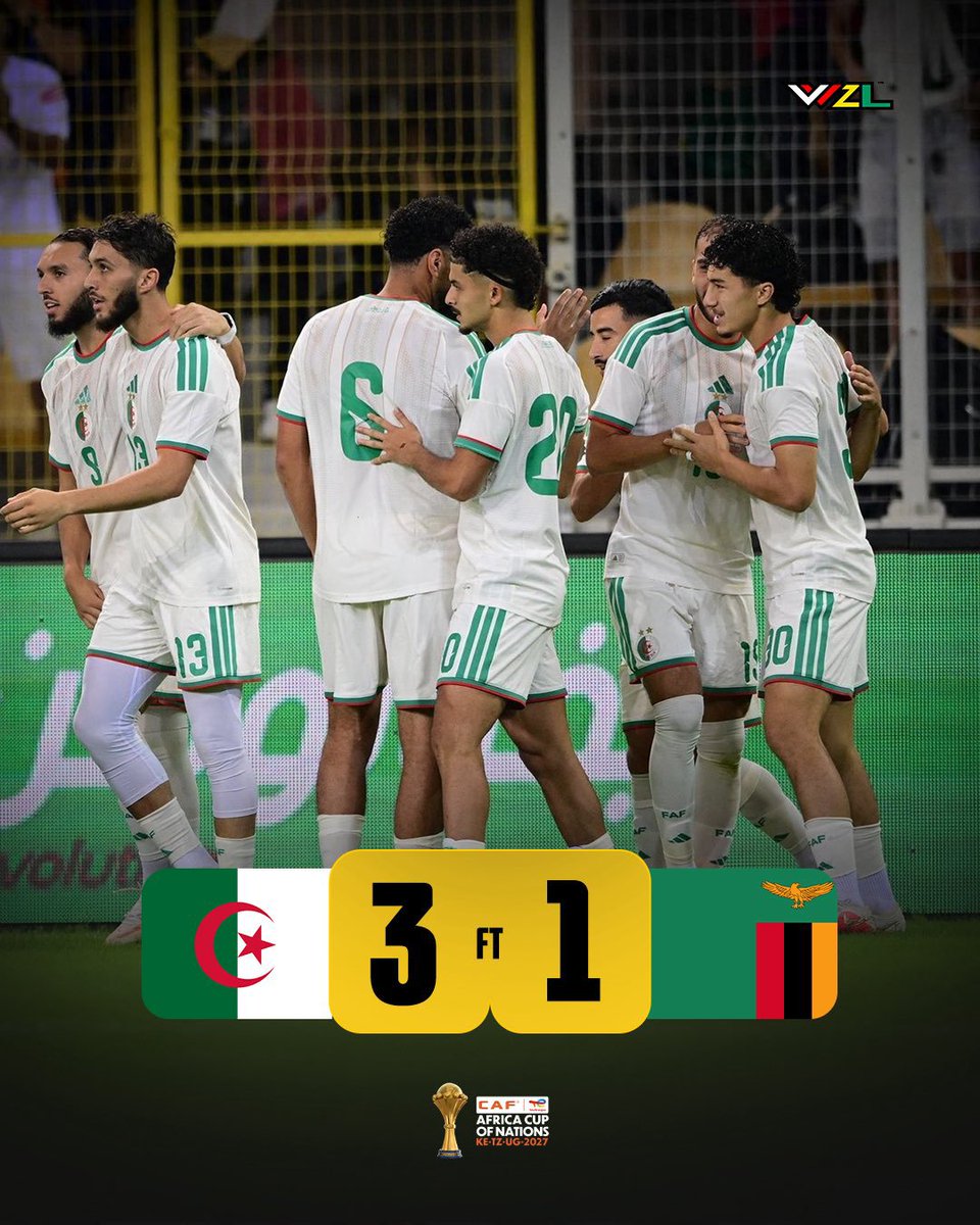 THEFINAL_3R's tweet photo. 🇩🇿 Algeria 3–1 Zambia 🇿🇲

ALGERIA GET THE JOB DONE! 🇩🇿🔥

A strong 3–1 victory for Algeria in their AFCON qualifying opener. Three goals, three points and a winning start to their campaign! 💪⚽👏

#AFCON #Algeria #Zambia https://t.co/tuVLvUHcks