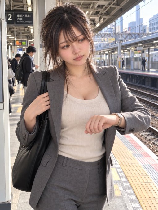 A young woman with long dark hair wearing a gray business suit over a cream top stands at a Japanese train station platform, checking her watch while holding a black handbag.