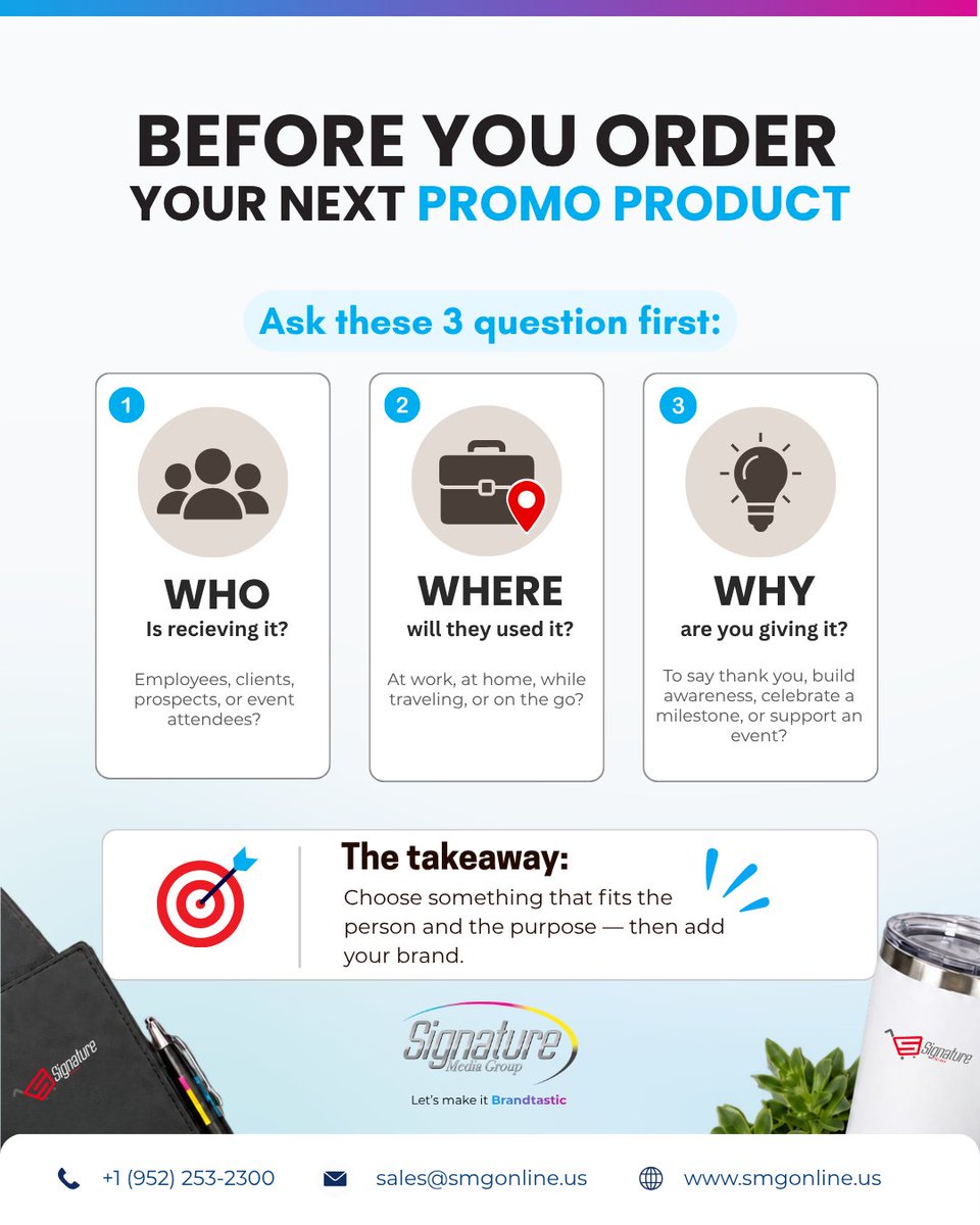 SignatureMediaG's tweet photo. Before you order your next promo product, ask:

👤 Who is receiving it?
📍 Where will they use it?
🎯 Why are you giving it?

Choose something that fits the person and the purpose — then add your brand.

#PromotionalProducts #BrandingTips #SignatureMediaGroup https://t.co/kCp1CmoQW0