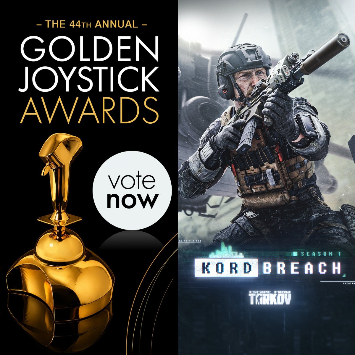 bstategames's tweet photo. Voting for the @GoldenJoysticks Awards 2026 is officially open! 
PMCs, it’s time to support Escape from Tarkov for PC Game of the Year.

Every intense firefight and every successful extract led to this.
Vote for us at https://t.co/G0tl8qOzOr https://t.co/Z0g4nnGxhP