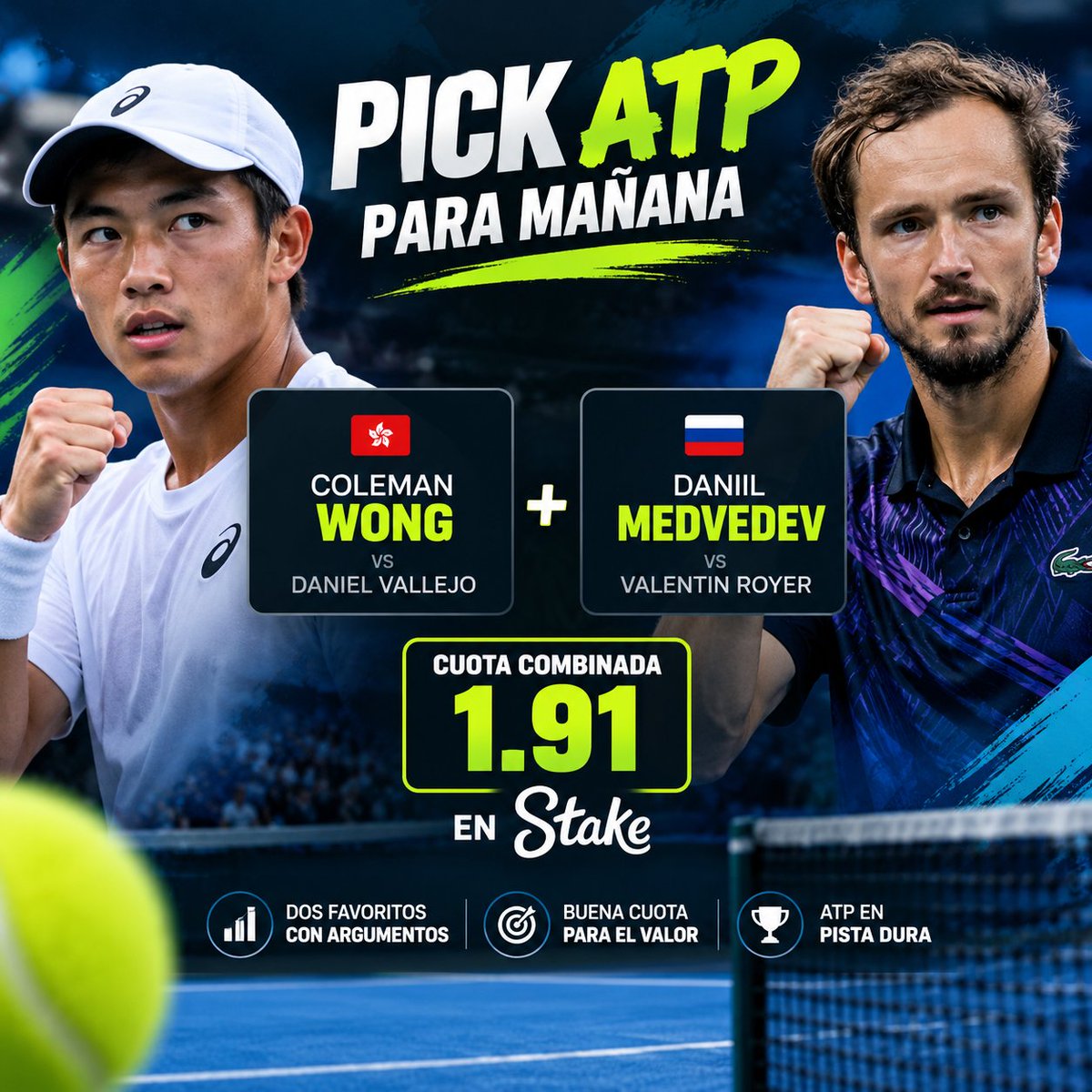 YeyebeerBets's tweet photo. 🎾 PICK ATP PARA MAÑANA
Vamos con una combinada de dos favoritos que llegan con argumentos fuertes
🇭🇰 Wong gana a Vallejo
🇷🇺 Medvedev gana a Royer
💰 Cuota: 1.91 en Stake
2 partidos, 2 favoritos y una cuota que me parece muy atractiva para buscar el verde.
#TennisBets #ATP https://t.co/WgHMkdmvP5