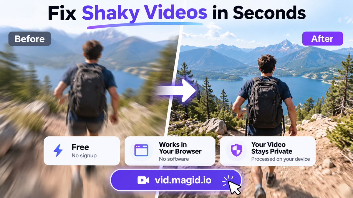 Magidio_X's tweet photo. Your shaky video doesn’t need to be uploaded anywhere. 🎥

I built a free video stabilizer that runs directly in your browser.

No account.
No software. 
No video upload. 

Just choose a video → stabilize → download.
Try it: https://t.co/WlF7fXY8vX
#VideoStabilizer #shakyvideo https://t.co/R5QfOSsLW6