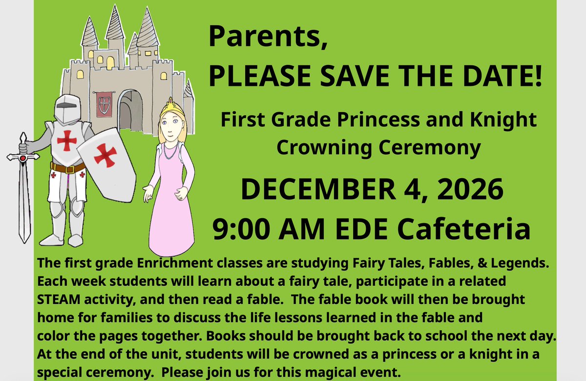 EDETIGERS's tweet photo. Please save the date for our First Grade Princess &amp; Knight Crowning Ceremony! 
Our first graders have been exploring Fairy Tales, Fables &amp; Legends through STEAM activities, reading, and hands-on learning. They’ll celebrate the end of their unit by being crowned. @LJaime13 https://t.co/ry1boIEEYd