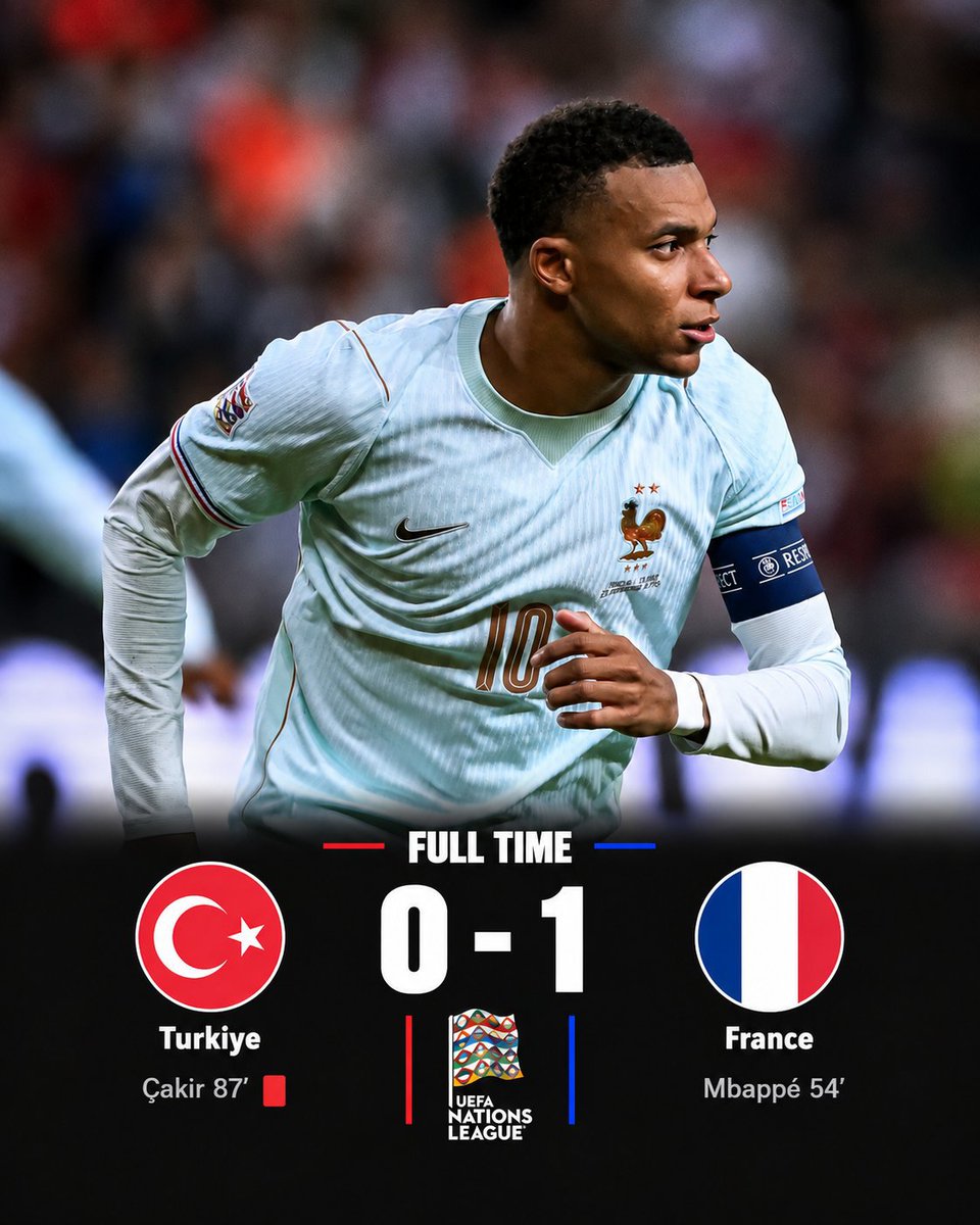 THEFINAL_3R's tweet photo. 🇹🇷 Türkiye 0–1 France 🇫🇷

FRANCE GET THE JOB DONE! 🇫🇷🔥

A narrow 1–0 victory for France as they edge Türkiye and secure all three points. One goal was enough, with France keeping a clean sheet to seal the win. 👏⚽

#NationsLeague #France #Turkiye https://t.co/99Q57vAAJV
