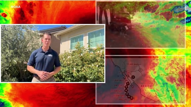 A NOAA weather report features a presenter in a blue polo shirt standing outside a house, with satellite imagery of Hurricane Otis approaching Mexico's coastline shown alongside storm tracker graphics.