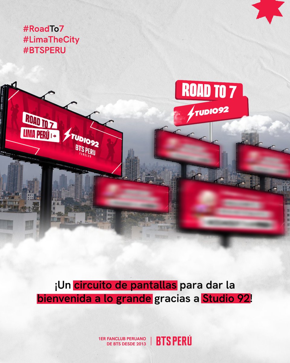 bts_peru1's tweet photo. 💜LIMA SE VISTE PARA LA GRAN LLEGADA ✨

📻 @Studio92  se une a ROAD TO 7 para dar una de las mejores bienvenidas 🥳🤩 con 10 PANTALLAS PUBLICITARIAS 🤭 compartiendo esta gran celebración 🎉 en Perú 🇵🇪

📅 Del 5 al 11 de octubre, podrás encontrar estas pantallas en distintos puntos de Lima.

📸✨ Si ves alguna de las pantallas, etiquétanos en tu foto o video🫶🏻

También puedes compartirlo directamente con Studio92 en sus redes:
🎵 TikTok: @studio92
📘 Facebook: Studio92

No olvides usar el hashtag #Studio92 en tus publicaciones para compartir esta gran celebración con toda la comunidad 🫶🏻💜

➡️ Desliza para conocer las ubicaciones de las 10 pantallas 🫶🏻
¡Y no olvides difundirlo! 📲✨

#BTS #BTSPeru #RoadTo7 #LimaTheCity