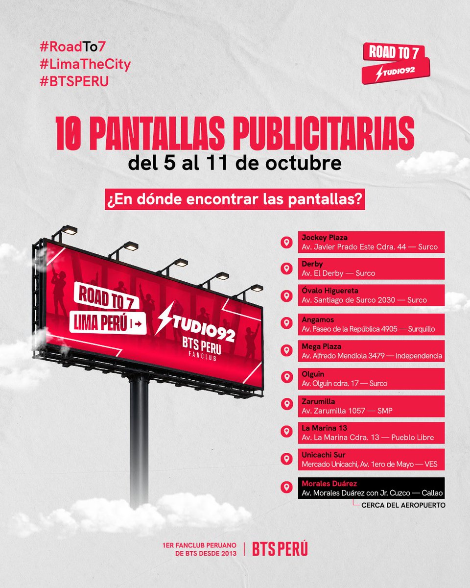 bts_peru1's tweet photo. 💜LIMA SE VISTE PARA LA GRAN LLEGADA ✨

📻 @Studio92  se une a ROAD TO 7 para dar una de las mejores bienvenidas 🥳🤩 con 10 PANTALLAS PUBLICITARIAS 🤭 compartiendo esta gran celebración 🎉 en Perú 🇵🇪

📅 Del 5 al 11 de octubre, podrás encontrar estas pantallas en distintos puntos de Lima.

📸✨ Si ves alguna de las pantallas, etiquétanos en tu foto o video🫶🏻

También puedes compartirlo directamente con Studio92 en sus redes:
🎵 TikTok: @studio92
📘 Facebook: Studio92

No olvides usar el hashtag #Studio92 en tus publicaciones para compartir esta gran celebración con toda la comunidad 🫶🏻💜

➡️ Desliza para conocer las ubicaciones de las 10 pantallas 🫶🏻
¡Y no olvides difundirlo! 📲✨

#BTS #BTSPeru #RoadTo7 #LimaTheCity