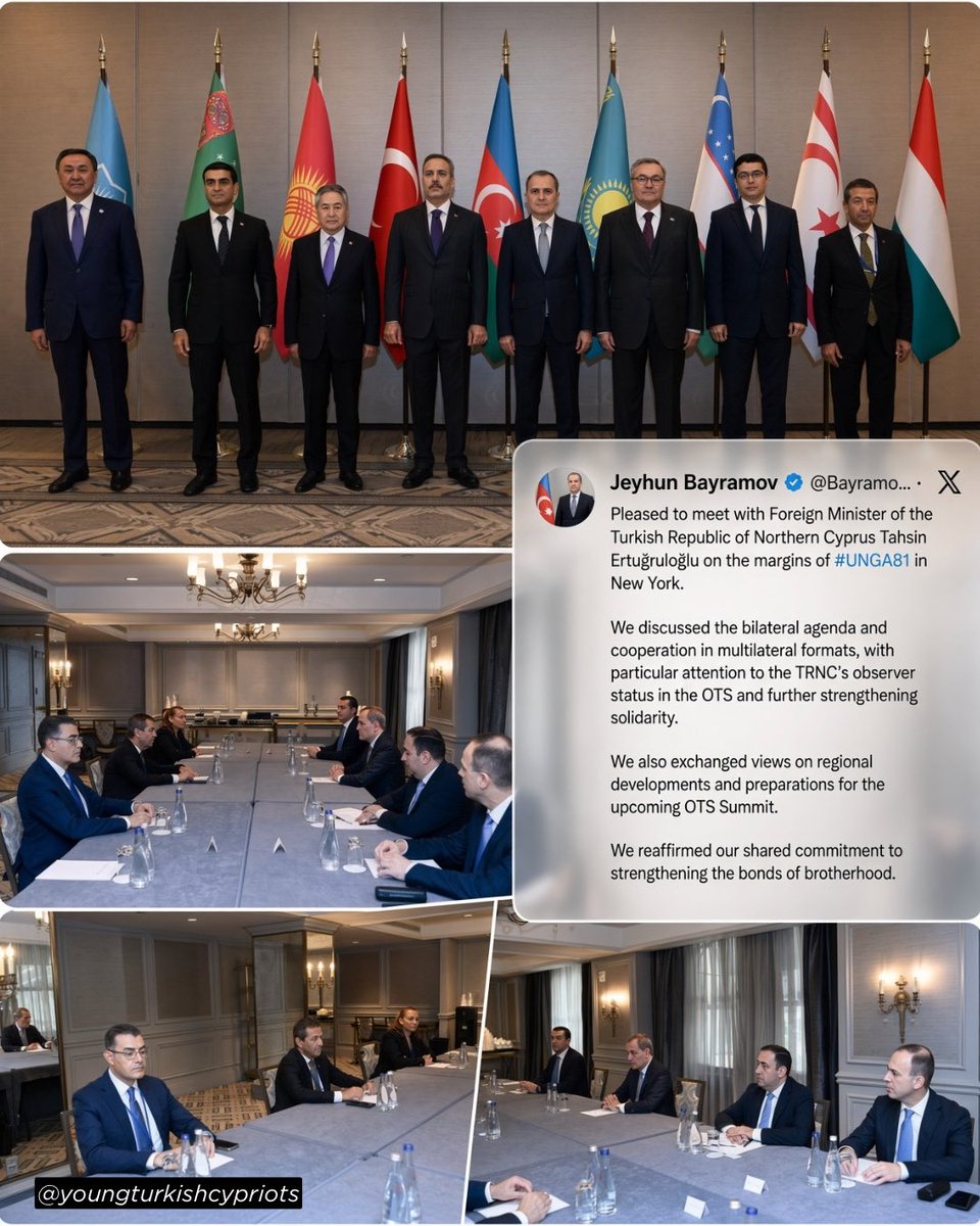 Young_Turk_Cyp's tweet photo. Foreign Minister of the Turkish Republic of Northern Cyprus Tahsin Ertuğruloğlu held a bilateral meeting with Azerbaijan at UNGA81.

A meeting was then held with OTS foreign ministers of 🇹🇷 Türkiye, 🇦🇿 Azerbaijan, 🇹🇲 Turkmenistan, 🇰🇿 Kazakhstan, 🇰🇬 Kyrgyzstan and 🇺🇿 Uzbekistan. https://t.co/rHNeZhcouS
