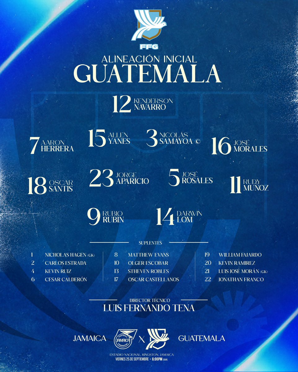 Tercer_TiempoGT's tweet photo. KENDERSON NAVARRO TITULAR 🧤
Nuestro portero esta noche ⚽️
Jamaica 🇯🇲 🆚 Guatemala 🇬🇹 

18:00 🕕 (GTM) 
📺 Tigo 
🏟️ National Stadium
📍Jamaica
🏆 Liga de Naciones https://t.co/42vhgjCQP6