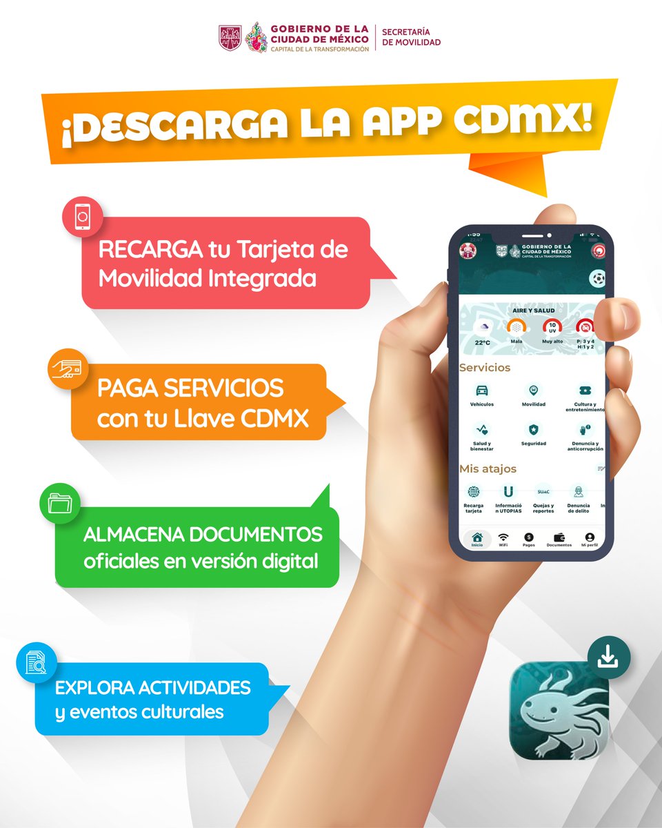 LaSEMOVI's tweet photo. Práctica, segura y accesible. 🤓✅

La #AppCDMX reúne distintas herramientas y servicios para que puedas consultarlos y utilizarlos fácilmente desde tu celular. 📲✨ https://t.co/8JbWLDbZLP