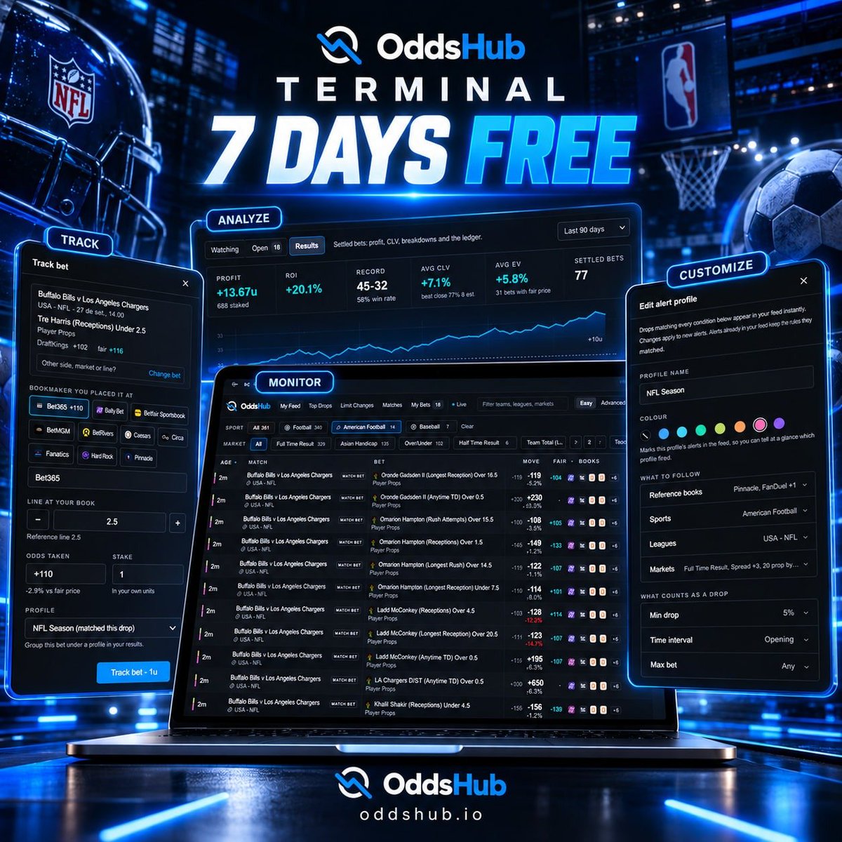 OddsHub_io's tweet photo. The OddsHub Terminal. Now FREE for 7 days. 🚀

📉 Sharp market moves
🎯 Fair prices
💰 Limits
🔔 Custom alerts
📊 CLV &amp; bet tracking
⚡️ Hundreds of bookmakers

Everything you need. One Terminal.
Try it free for 7 days 👇 https://t.co/tmhtGrK1kr