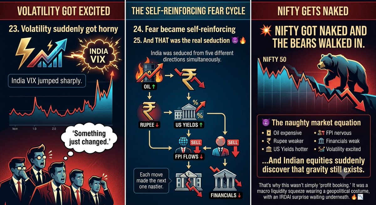DrdhimanBhatta1's tweet photo. 🔥 INDIA'S MARKET GOT SEDUCED… THEN SLAPPED 😈📉

Yesterday wasn't an ordinary correction.

Please RETWEET FOR MAXIMUM REACH.

It was a 25-point financial striptease that turned into a brutal market gangbang of risk. 😈

💋 1. Oil started flirting

Brent pushed above $100 again.
India, being heavily dependent on imported crude, immediately got nervous.

💋 2. The oil bill got fatter

More expensive oil = more dollars leaving India.

Oil ↑ → Import bill ↑ → Rupee ↓

💋 3. The rupee started undressing

A weaker rupee makes imported oil, machinery and electronics more expensive.

And inflation suddenly starts whispering in the RBI's ear.

💋 4. Inflation came back for another round

Fuel costs leak into transport, aviation, chemicals, paints, logistics and consumer goods.

One crude shock… everywhere gets touched.

💋 5. RBI's rate-cut fantasy got teased

Higher imported inflation means less freedom to cut rates aggressively.

Cheap money suddenly doesn't look so cheap.

💋 6. Then the US 10-year walked into the room

US Treasury yields pushed above 5%.

And global money immediately started asking:

> “Why take emerging-market risk when US bonds are paying me more?”

💋 7. The Fed wasn't exactly being romantic

A recent 25-bp rate hike reinforced the higher-for-longer narrative.

Translation:

Global liquidity wasn't coming to India's party.

💋 8. Indian valuations suddenly looked expensive

Higher global yields increase the discount rate.

Future profits become worth less today.

Yield ↑ → acceptable P/E ↓ → stocks get slapped.

💋 9. Foreign investors started pulling the plug

FPI selling added another layer of pressure.

The buyers disappeared just when the sellers became aggressive.

💋 10. DII buying tried to play hero

Domestic institutions absorbed a huge amount of supply.

But when foreigners are throwing billions at the exit…

even the domestic cavalry can struggle to catch everything.

💋 11. Then came the IRDAI surprise 

Just when the market was already vulnerable…

BOOM.

Regulatory proposals hit the insurance-distribution business.

💋 12. Financials got caught with their pants down

Banks and financial companies suddenly faced questions about future fee income.
And financials have a massive weight in Nifty.

💋 13. Insurance stocks got punished

The market didn't wait patiently for the final earnings impact.
It repriced the risk immediately.

💋 14. PB Fintech got absolutely undressed

A huge one-day collapse showed how violently the market can react when a regulatory proposal threatens a business model.

💋 15. Bank Nifty got dragged into the bedroom

Banks were already dealing with higher yields and liquidity concerns.
Then the insurance shock arrived.

One punch after another.

💋 16. Bond yields were rising too

Indian 10-year yields moved higher.
That's uncomfortable for both:

banks + equity valuations.

💋 17. The dollar was flexing

Oil + US yields + FPI selling all increase demand for dollars.

The INR therefore gets squeezed from several directions simultaneously.

💋 18. Geopolitics poured petrol on the fire

Middle-East tensions threatened energy supply and shipping routes.
Markets don't like uncertainty.
Markets really don't like uncertainty when oil is already above $100.

💋 19. Freight and insurance costs joined the party

Higher shipping risk means higher freight and insurance costs.

Another potential hit to margins.

💋 20. IT couldn't escape

Global growth worries + expensive dollar funding + risk-off sentiment put pressure on IT and other globally exposed sectors.

💋 21. Small & midcaps lost their protection

When risk appetite disappears, investors become choosy.
High-beta and richly valued names can get punished much harder than boring defensive businesses.

💋 22. Technical selling then smelled blood

Once important support levels break…

Stops trigger.

Traders reduce positions.

Algorithms sell.

Fresh sellers arrive.

A fundamental problem becomes a technical avalanche.