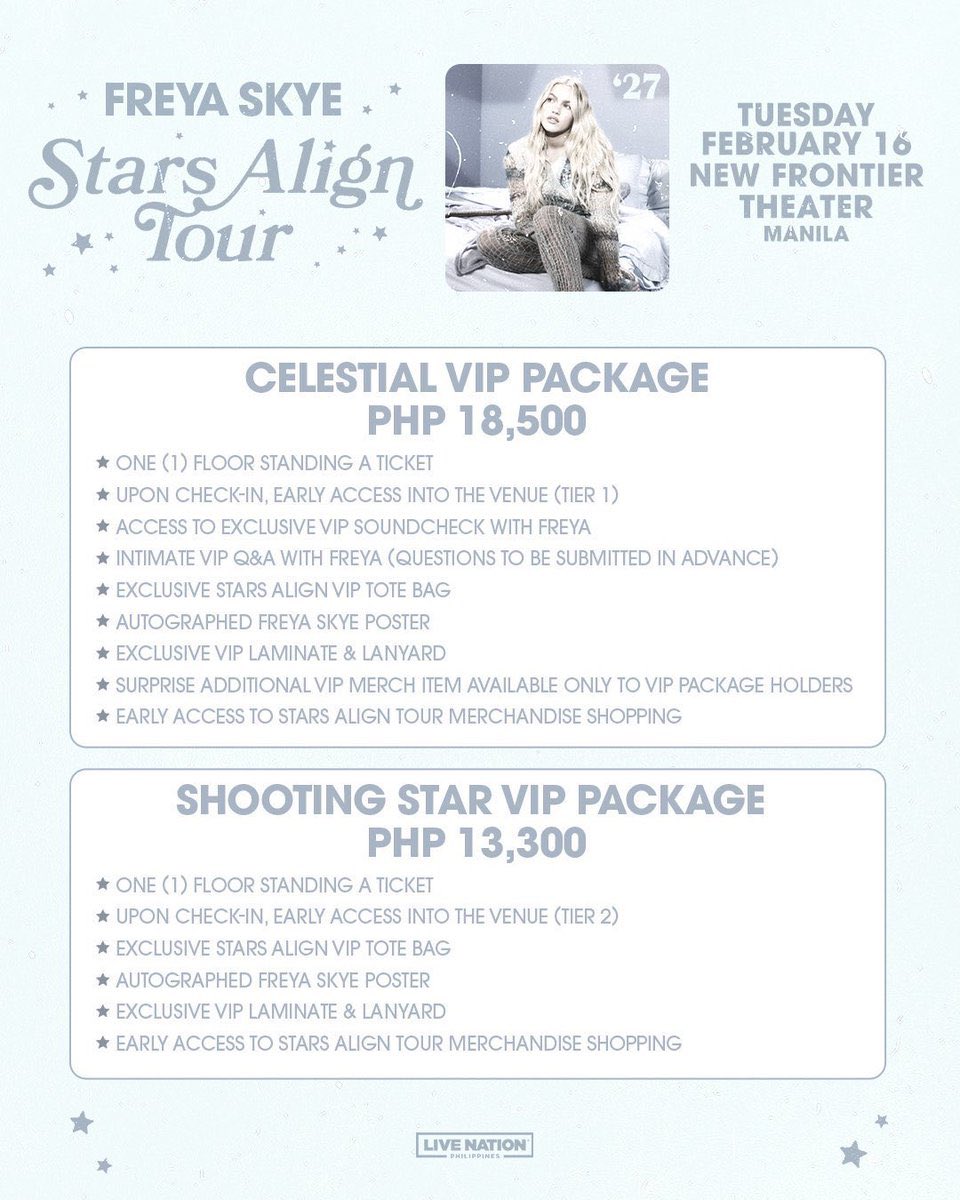 moorejstip's tweet photo. OPEN ACCEPTING FOR TICKET ASSISTANCE TPA 

💫 Freya Skye - Stars Align Tour in Manila

- Under your own name/account! 
- Pinned for legitimacy 
- ₱100 fee per ticket | no ticket = no fee

t. proxy assist ta philippines htb ph help to buy service ticketnet

#FreyaSkyeInManila https://t.co/ByQFdXuV7t