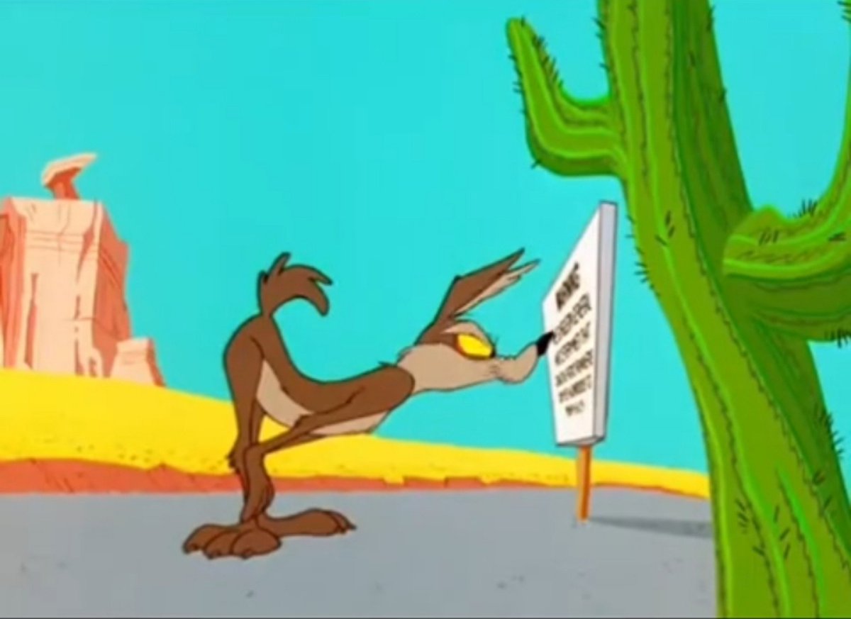 beepbeepboom_'s tweet photo. wile e. you had 0 reasons to bend like that to read that sign https://t.co/Ql7FCwWkR3